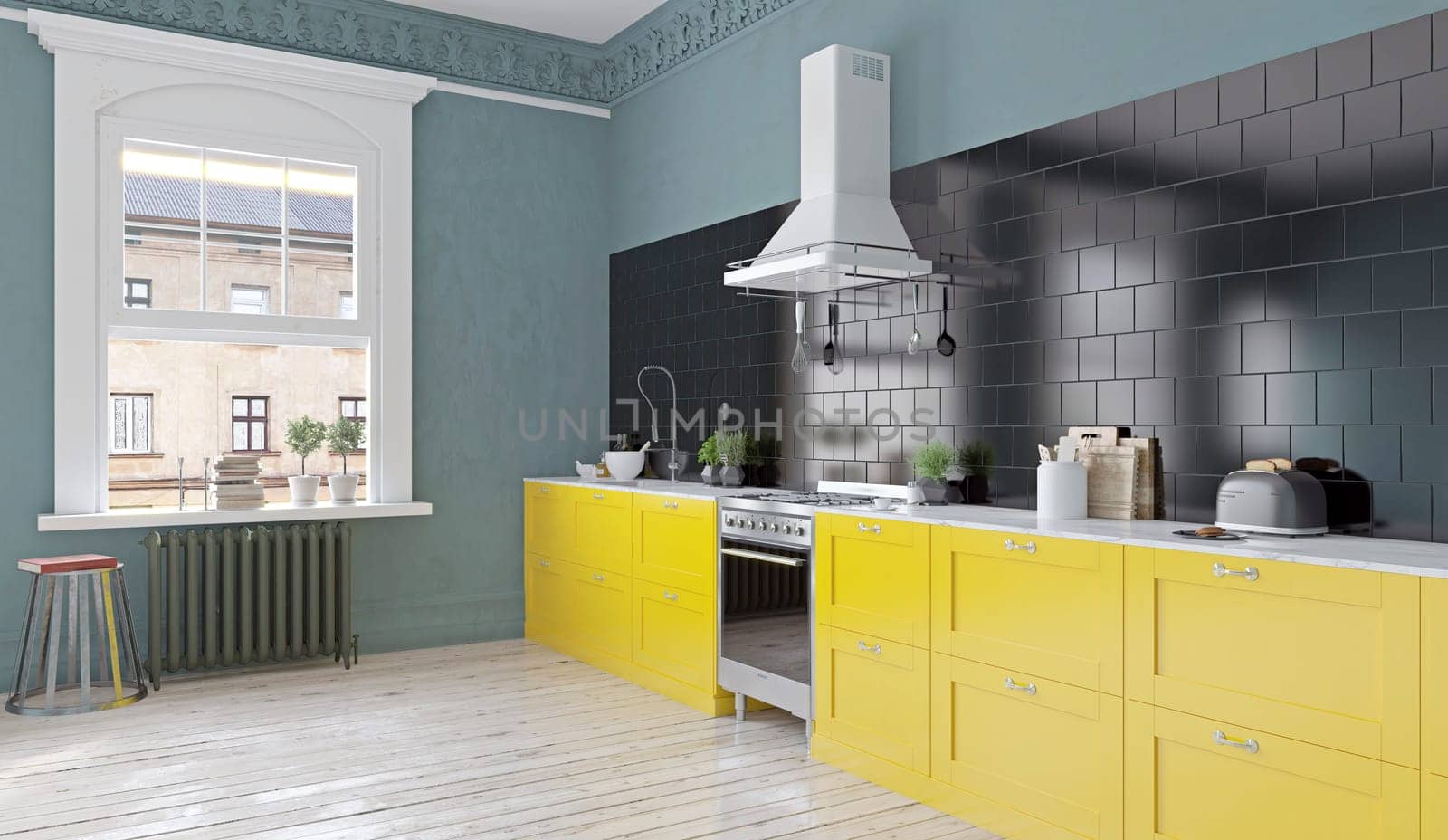 Modern kitchen with yellow cabinets and black backsplash.3D rendering