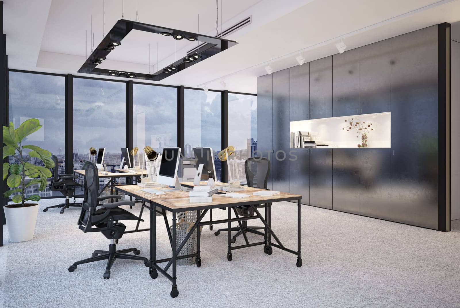 Modern office with panoramic city views and workstations. 3D render
