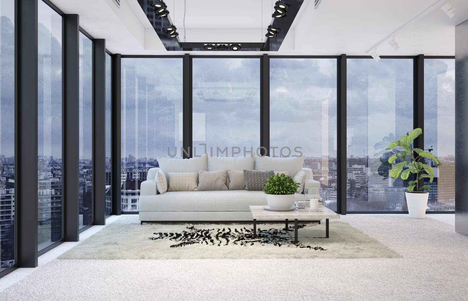 modern living room with panoramic city view, 3d render