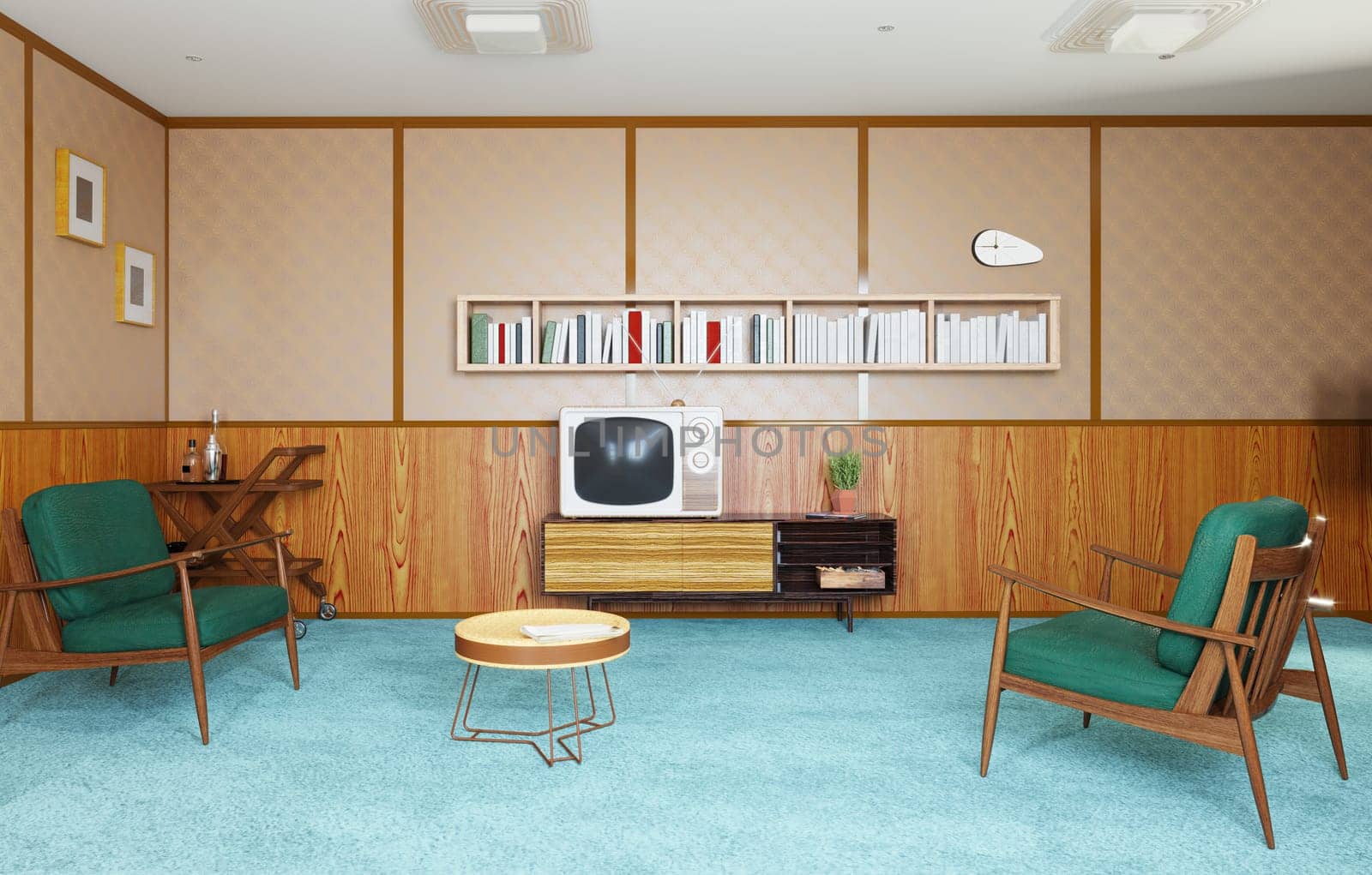 Retro living room with vintage furniture and decor. 3D rendering