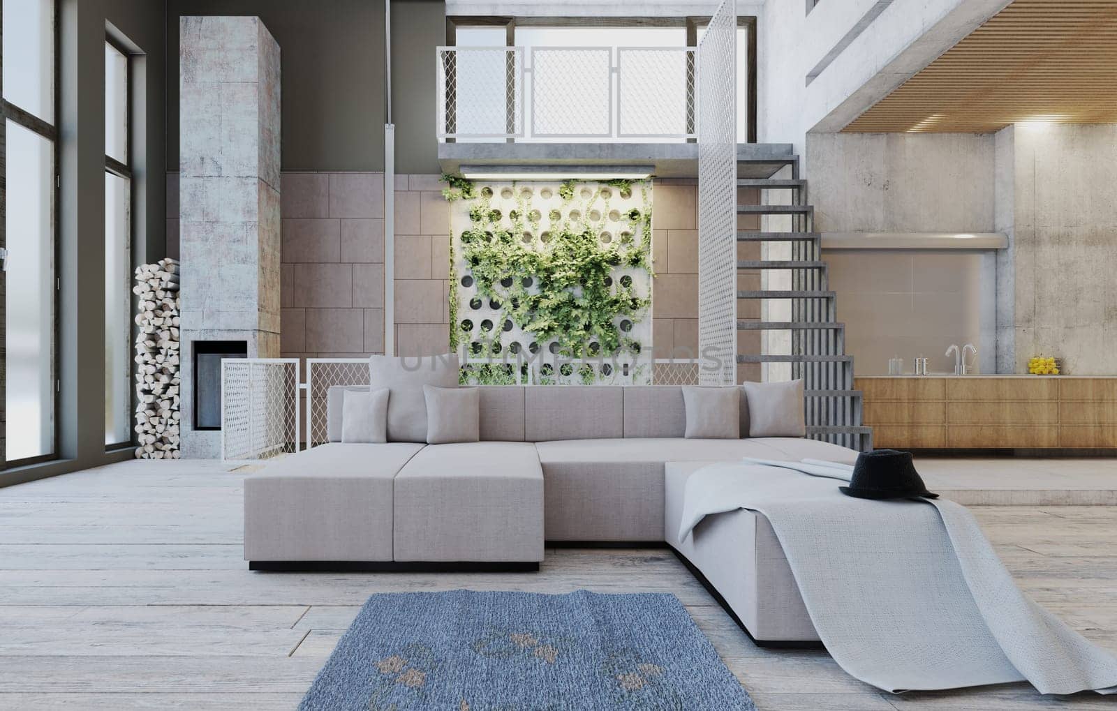 Modern loft with open spaces and industrial design.. 3d rendering