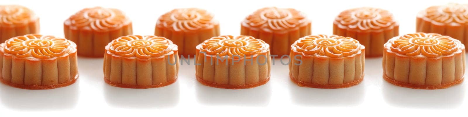 Ultra realistic image of autumn festival delicacies mooncakes in festive arrangement.