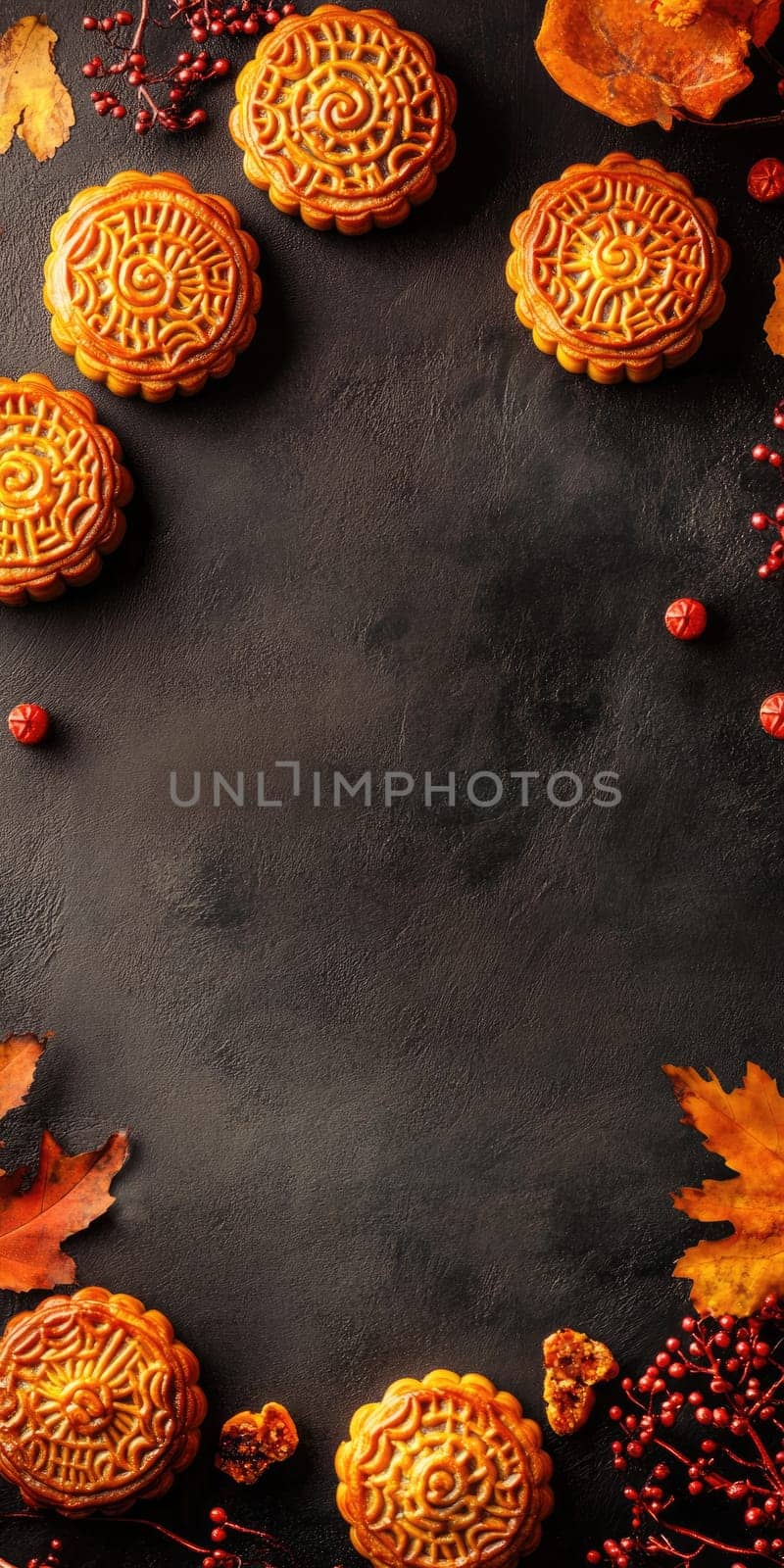 Autumn festival celebration with mooncakes and autumn leaves for seasonal decor.