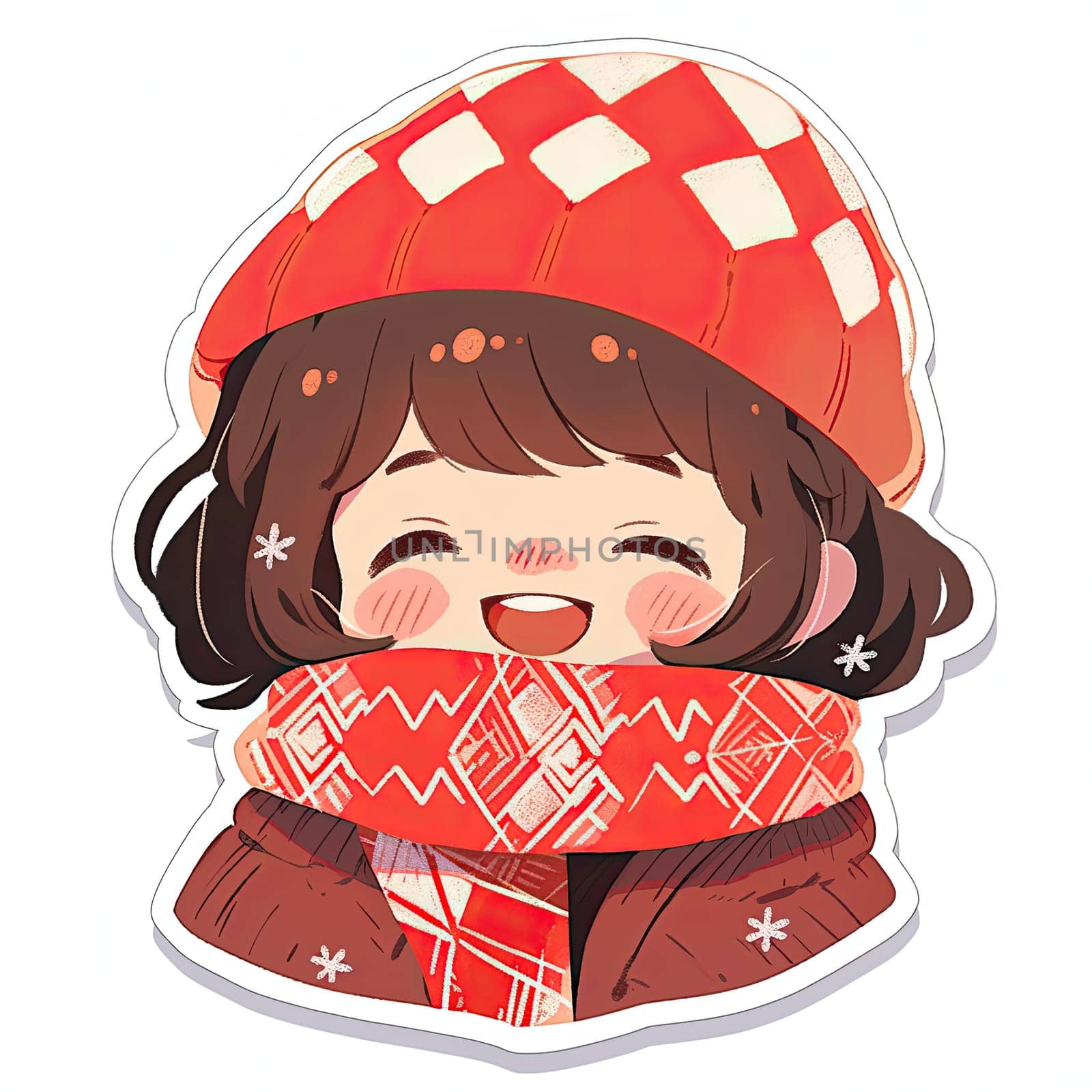 A cheerful cartoon girl with dark hair and a pink scarf beams happily, exuding warmth and joy. She is surrounded by soft, heart-shaped accents, perfect for winter cheer.