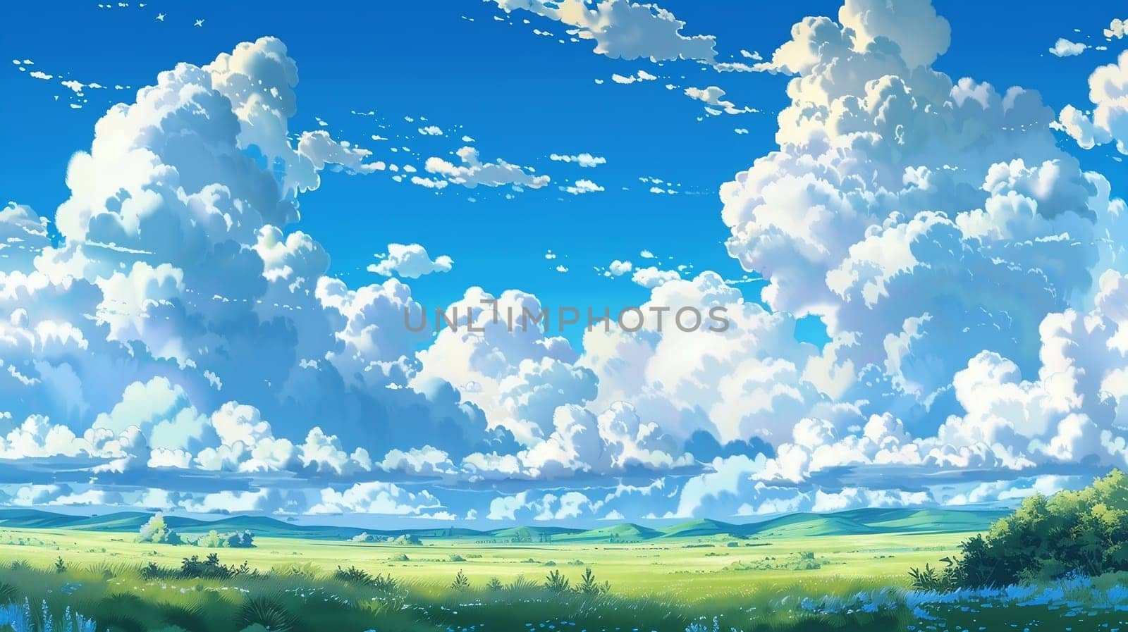 Anime style illustration: dramatic sky with the clouds, landscape scene with green meadow and grass. ai generated