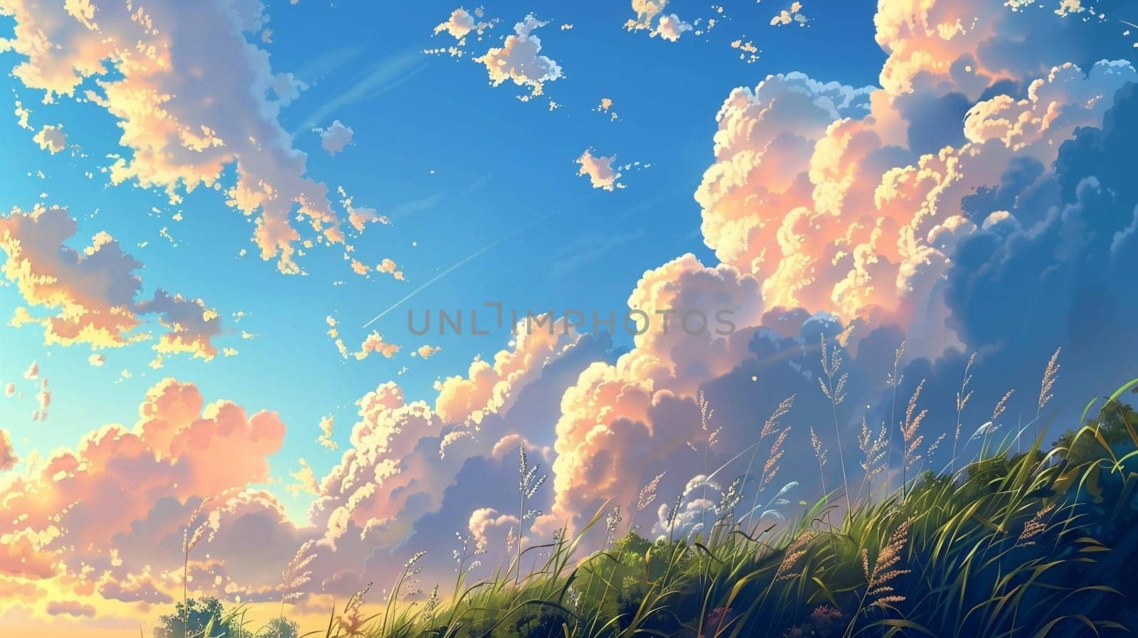 Anime style illustration: dramatic sky with the clouds, landscape scene with green meadow and grass. ai generated