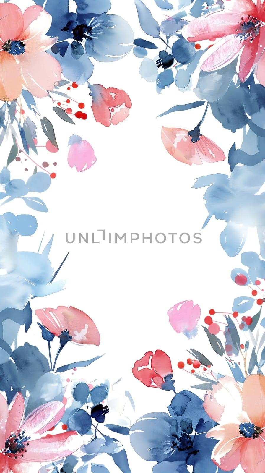 Watercolor floral painted pattern frame with the empty space for design. Elegant flowers and leaves. AI generating