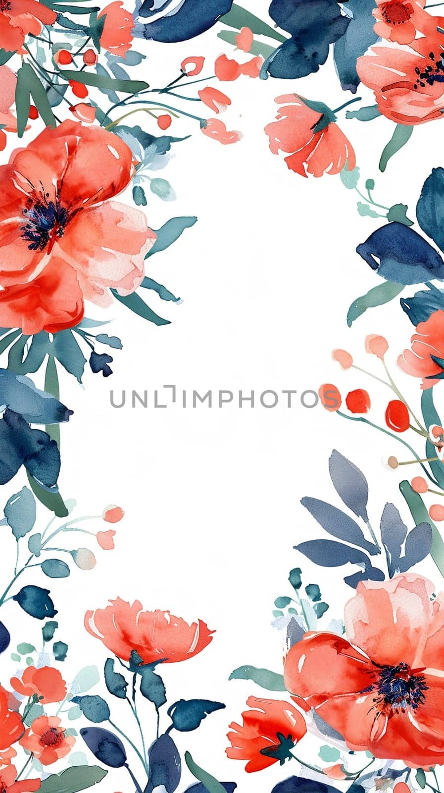 Watercolor floral painted pattern frame with the empty space for design. Elegant flowers and leaves. AI generating
