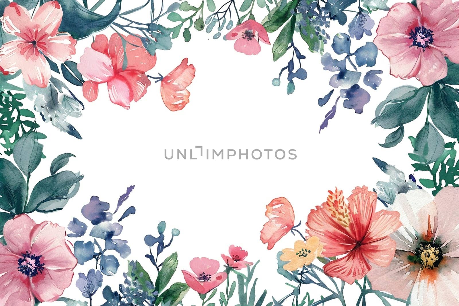 Watercolor floral painted pattern frame with the empty space for design. Elegant flowers and leaves. AI generating