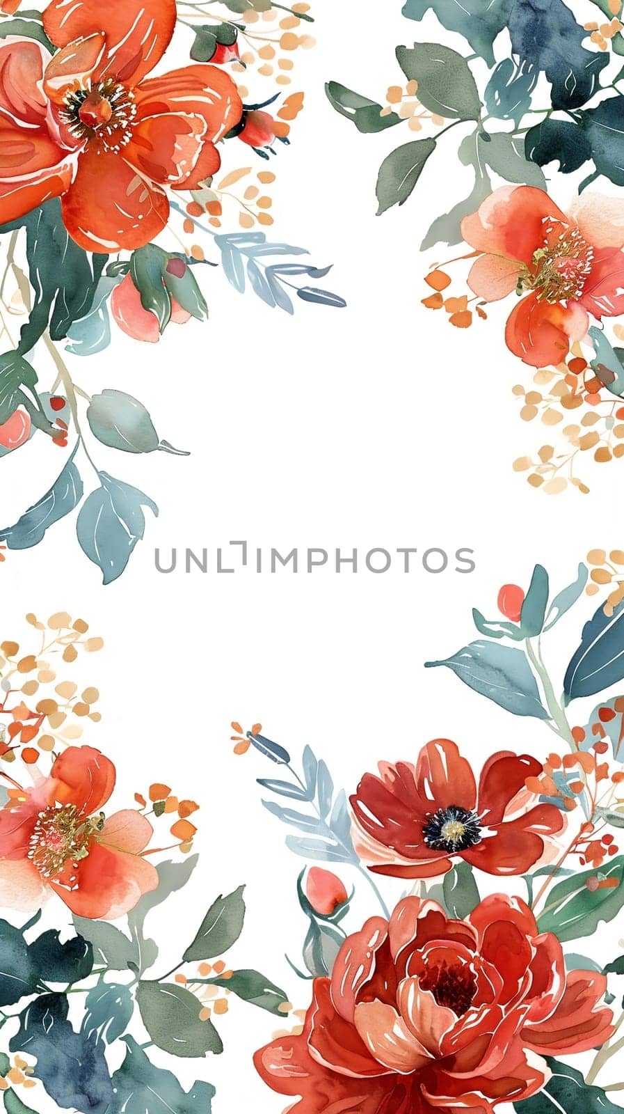 Watercolor floral painted pattern frame with the empty space for design. Elegant flowers and leaves. AI generating