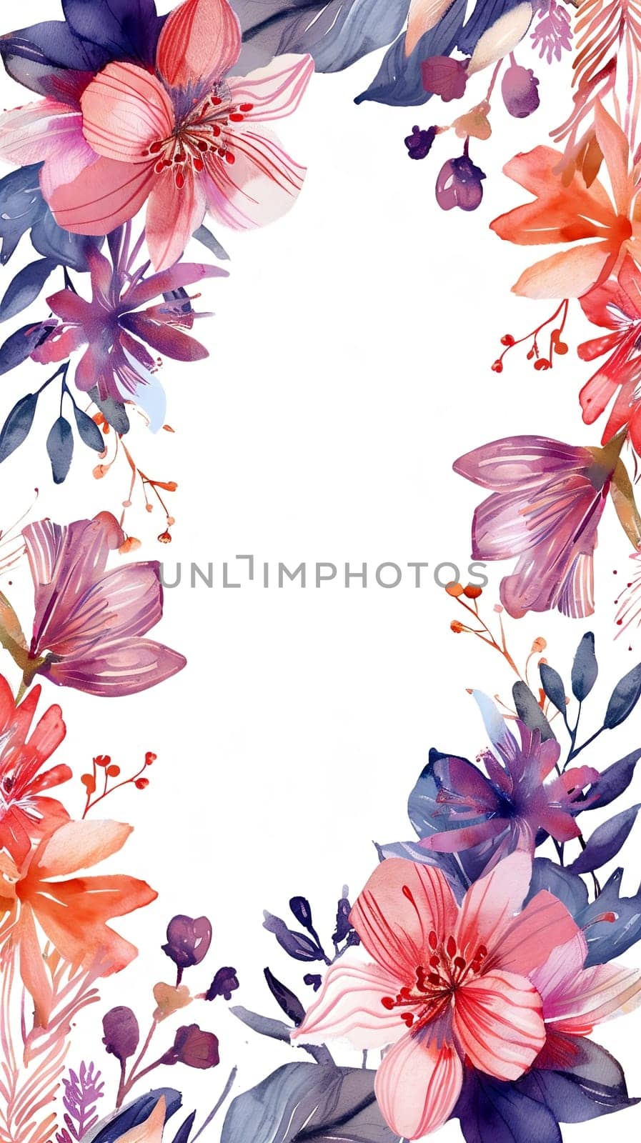 Watercolor floral painted pattern frame with the empty space for design. Elegant flowers and leaves. AI generating