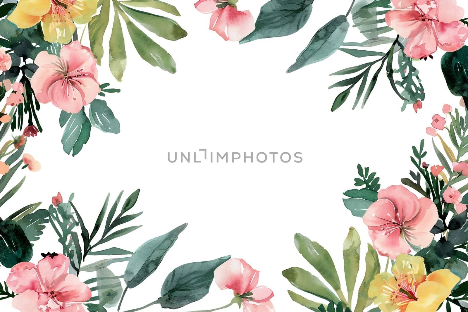 Watercolor floral painted pattern frame with the empty space for design. Elegant flowers and leaves. AI generating