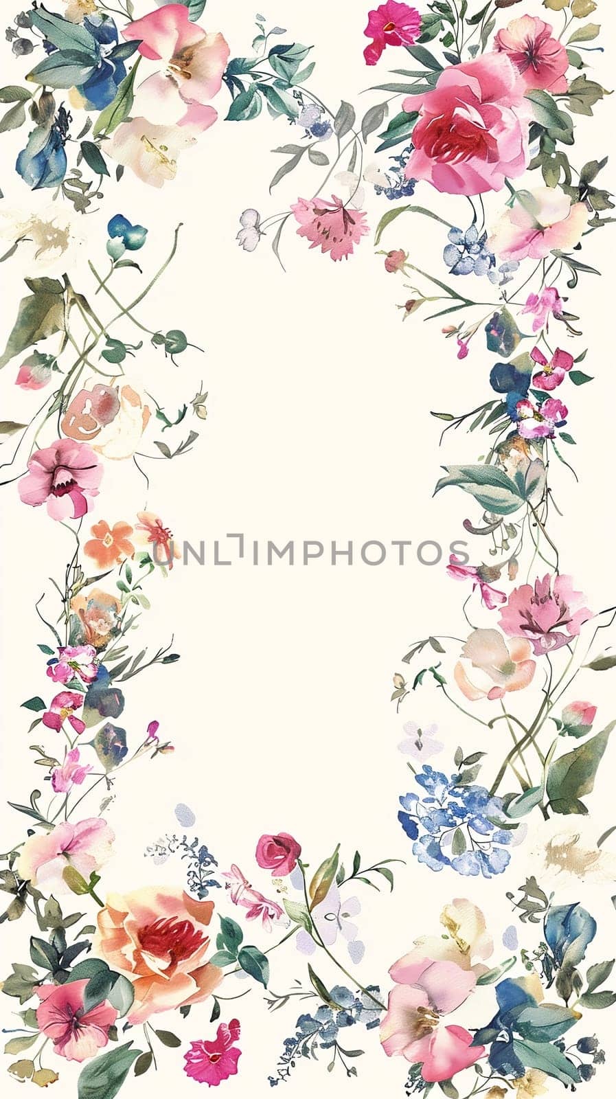 Watercolor floral painted pattern frame with the empty space for design. Elegant flowers and leaves. AI generating