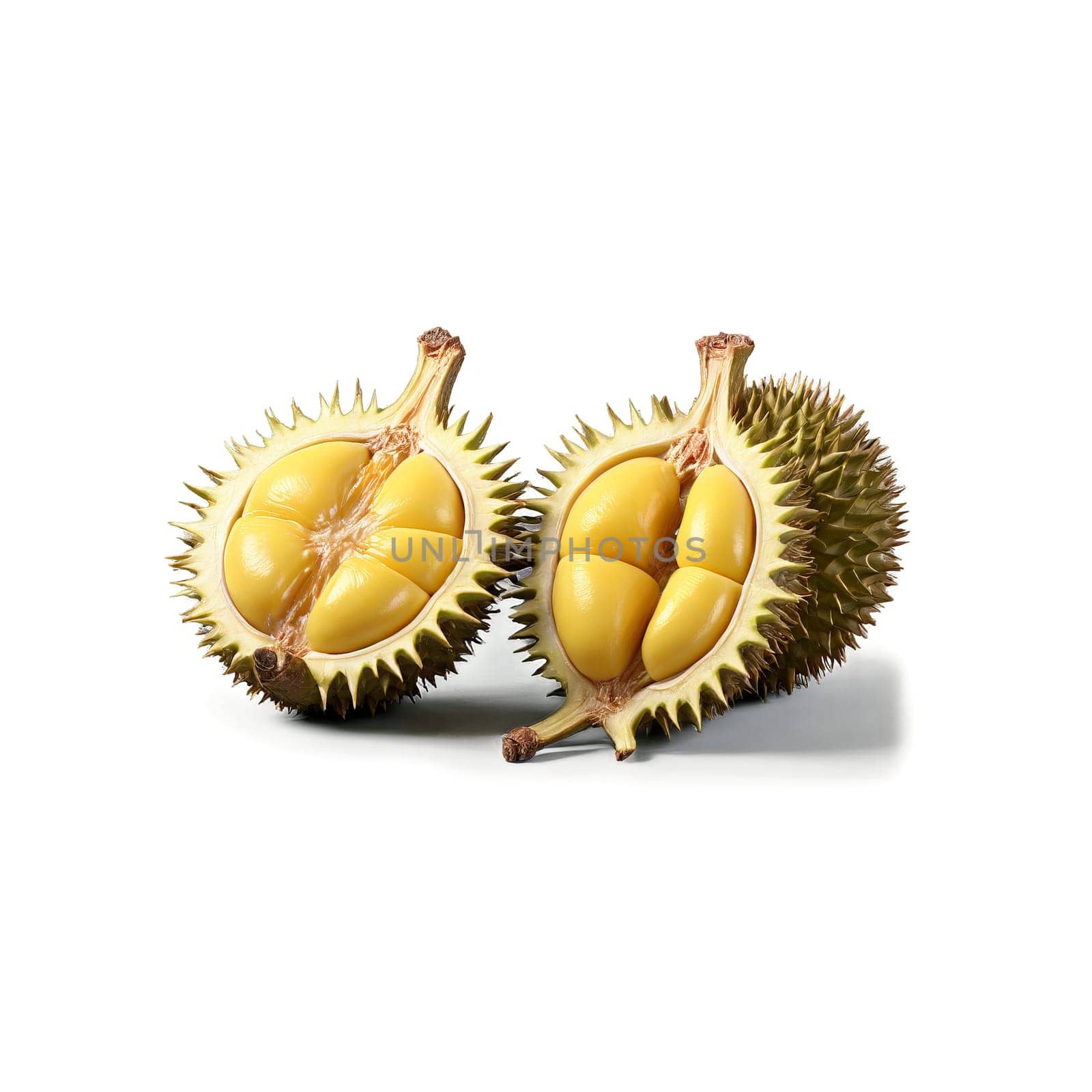 Ripe durians splitting creamy flesh revealed thorny husk separating Durio zibethinus Food and Culinary concept. Food isolated on transparent background.