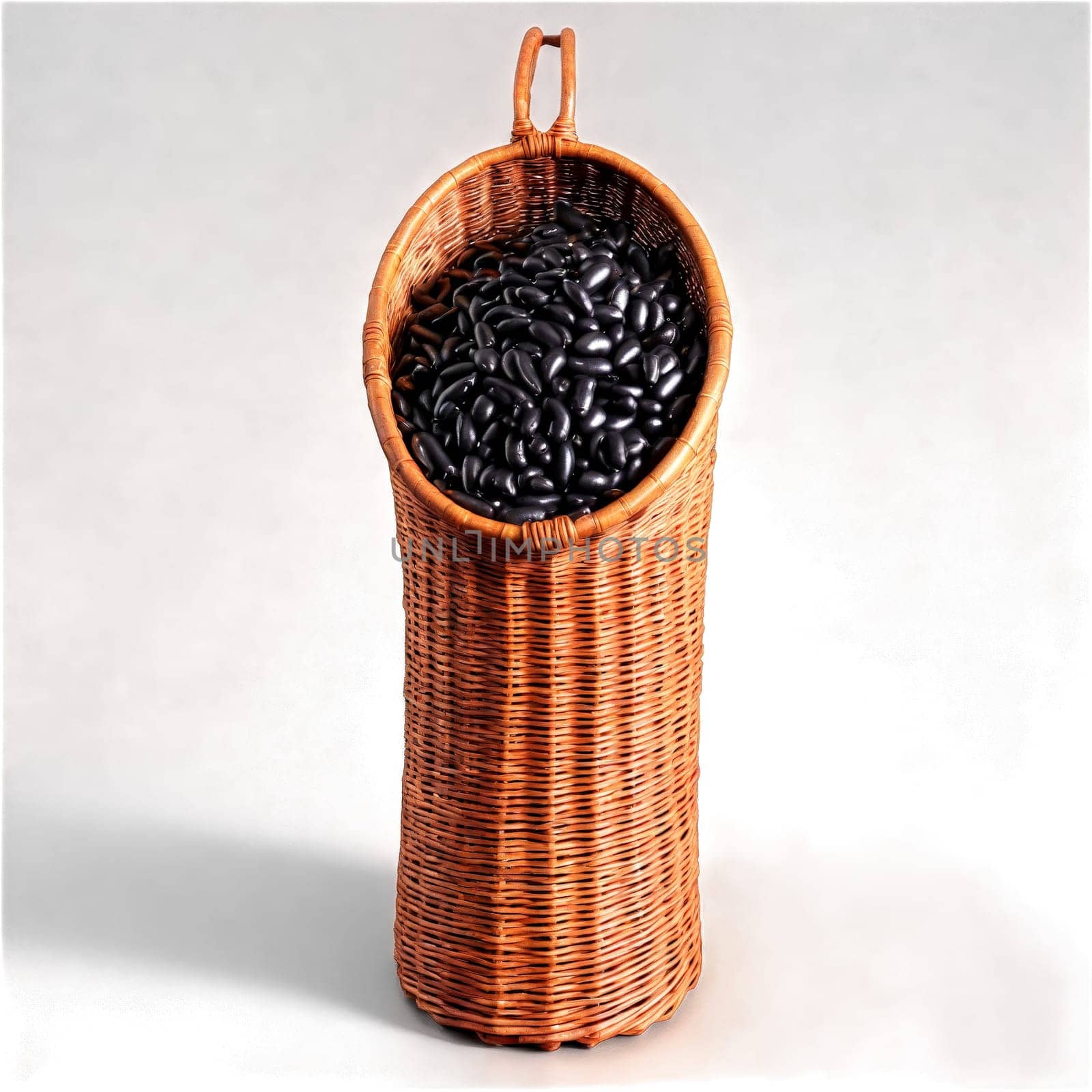Black beans phaseolus vulgaris black dried and cooked swirling around vintage wicker basket misty air. Food isolated on transparent background.