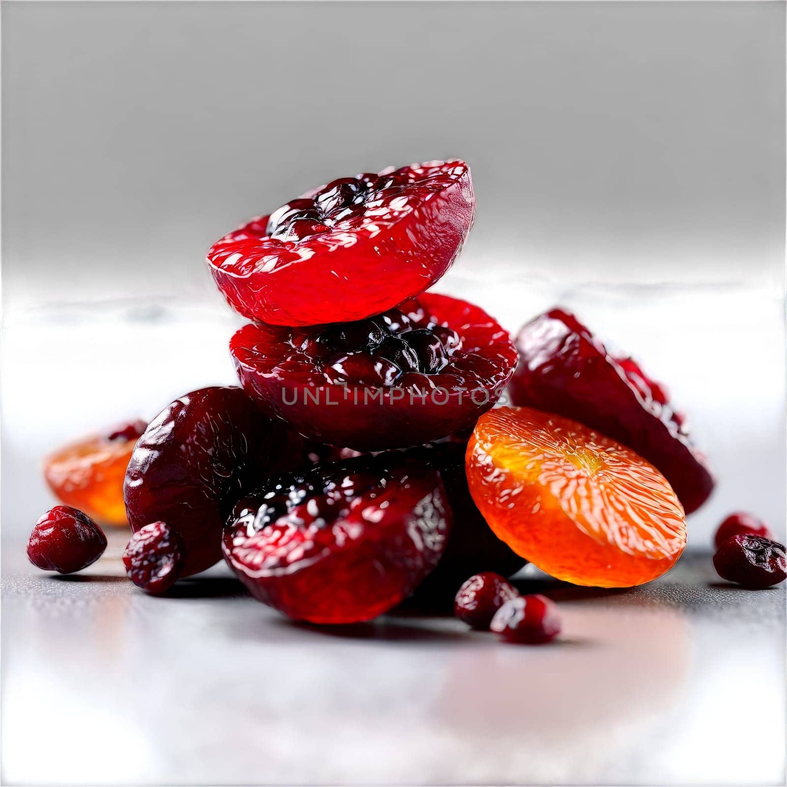 Dried cranberries rich red and glossy bouncing playfully off each other in a lively midair. Food isolated on transparent background.