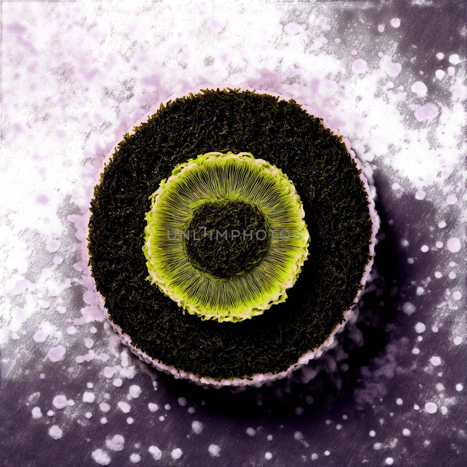 Nori mandala a briny arrangement of nori seaweed with powder crumbling and steam rising. Food isolated on transparent background.