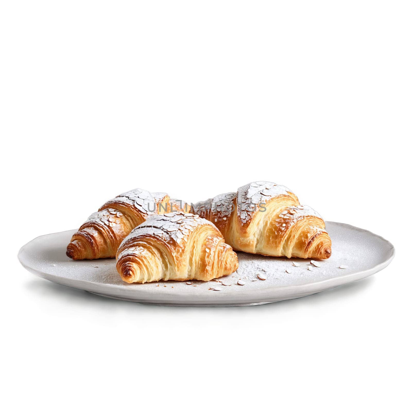 Almond croissants with powdered sugar dusting and almond slices on top Food and culinary concept. Food isolated on transparent background.