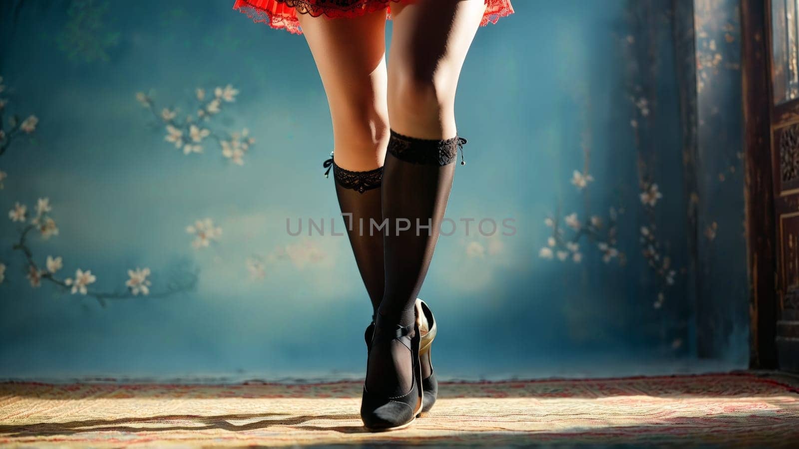 An Asian model showcasing her long legs in elegant stockings performing a traditional dance move.