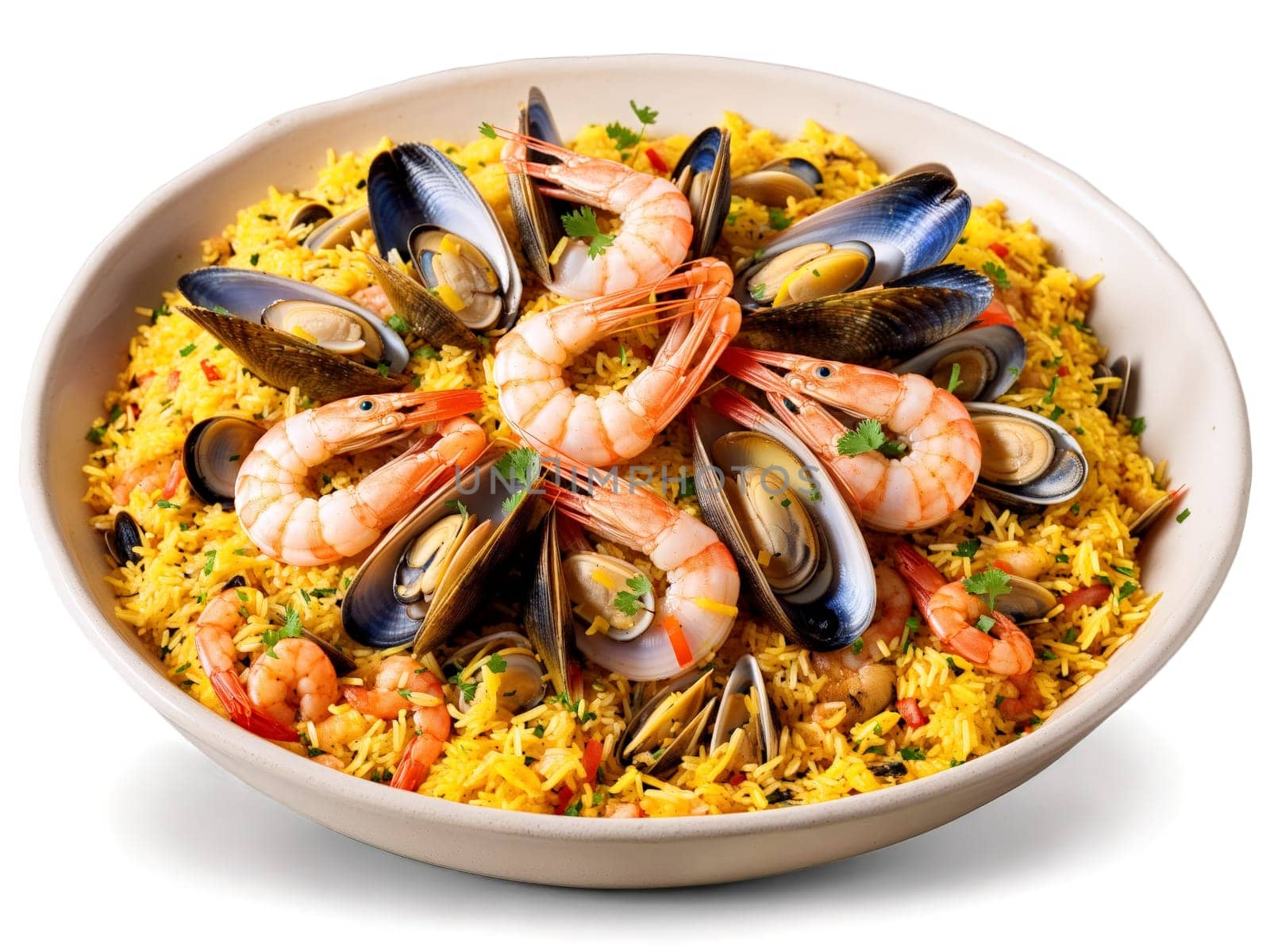 Seafood Paella vibrant saffron infused rice dish loaded with shrimp mussels clams and chunks. Food isolated on transparent background.