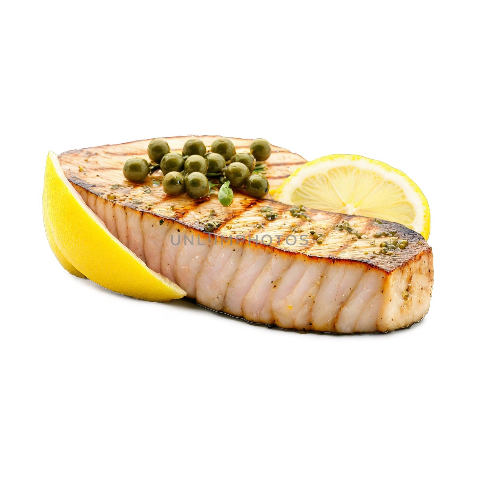 Swordfish steak grilled to perfection with crosshatch grill marks topped with a lemon caper sauce. Food isolated on transparent background
