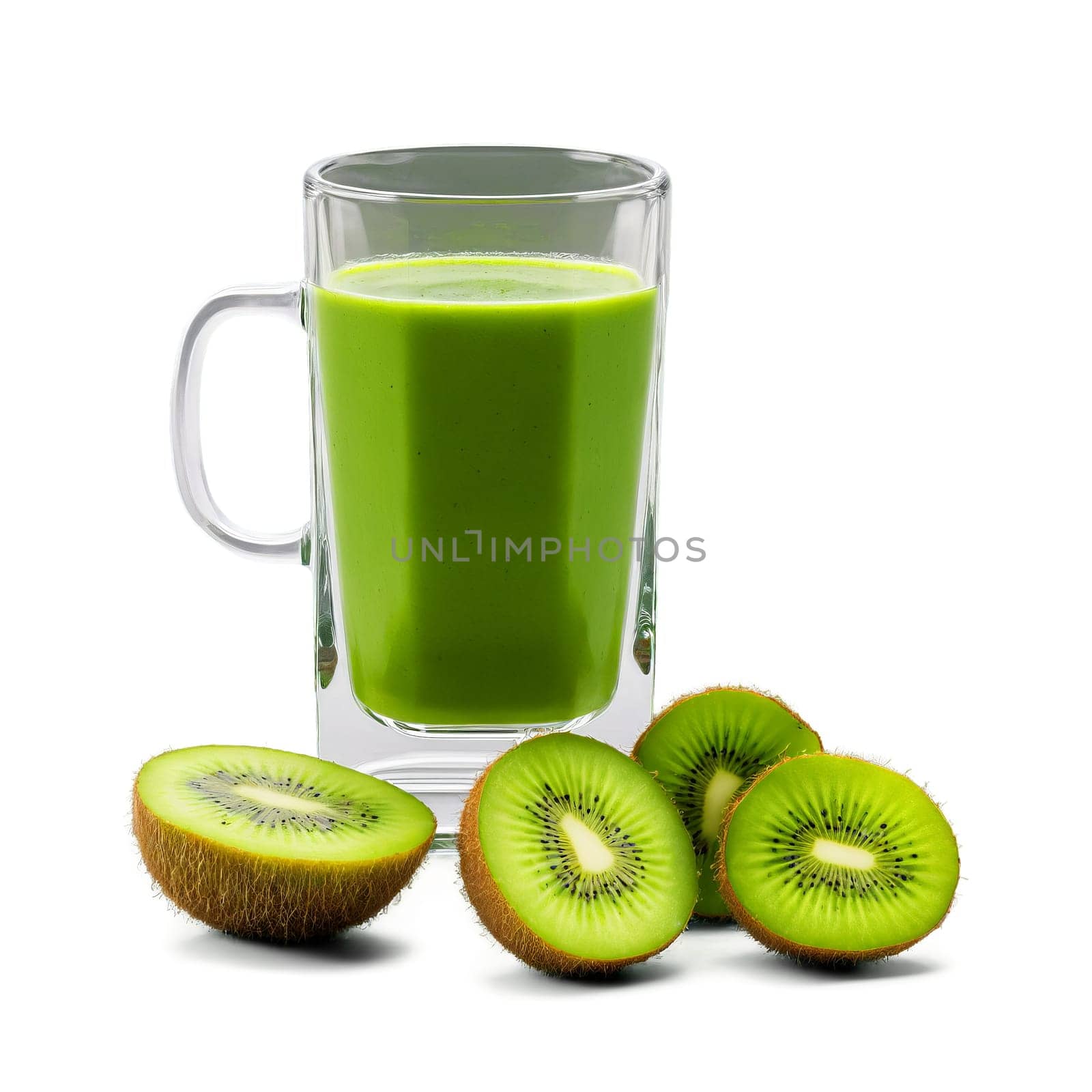 Modern square glass mug with a handle filled with a vibrant green smoothie and garnished. Drink isolated on transparent background