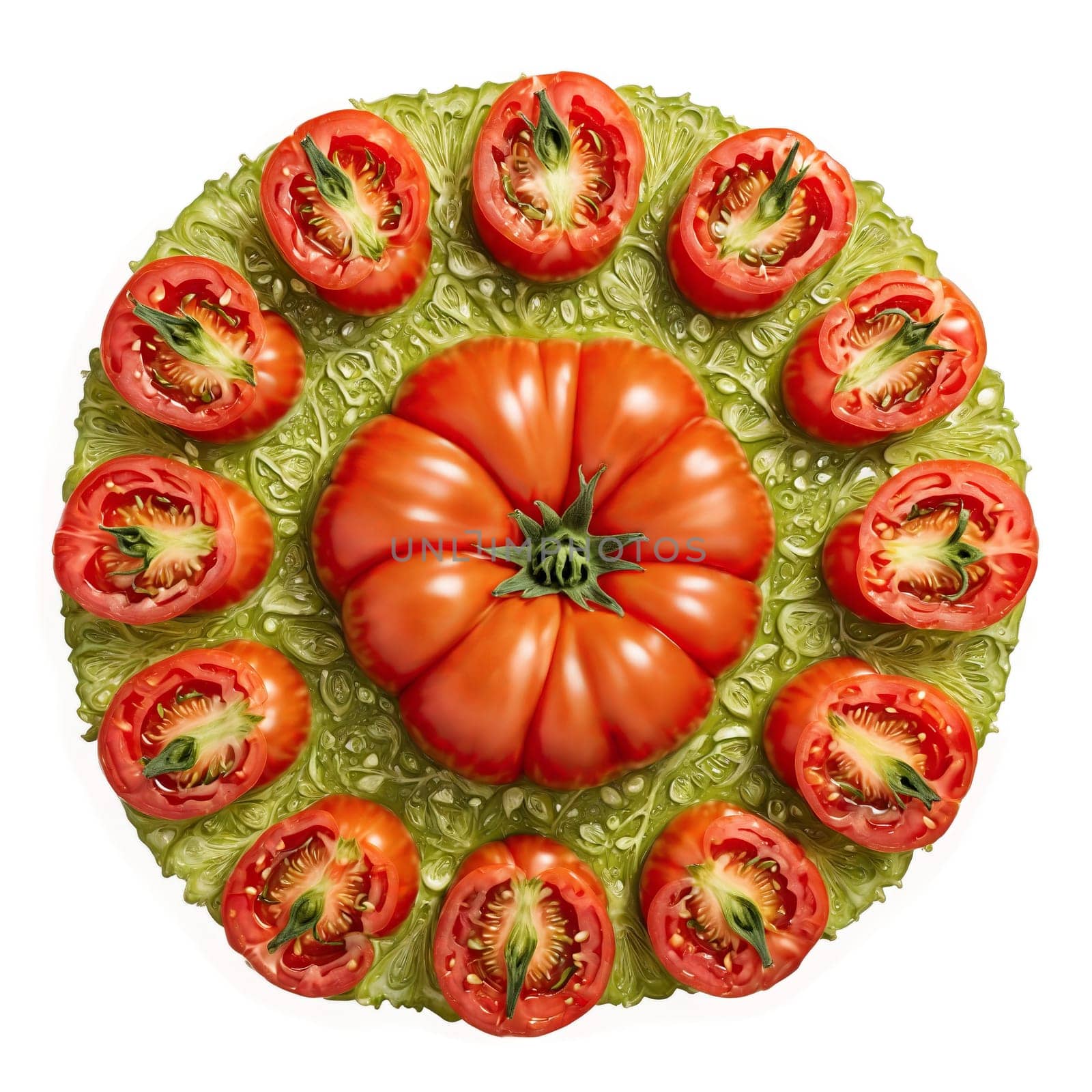 Tomato mandala a vibrant circular arrangement of ripe tomatoes with juice splashing and seeds scattering. Food isolated on transparent background.