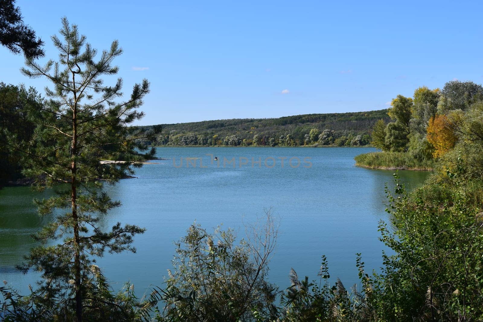 Forest lake in the autumn afternoon. Calm water with reflection of trees. Attractive morning view of Lake. Clear fresh nature, untouched. Forest in the background. National reserve