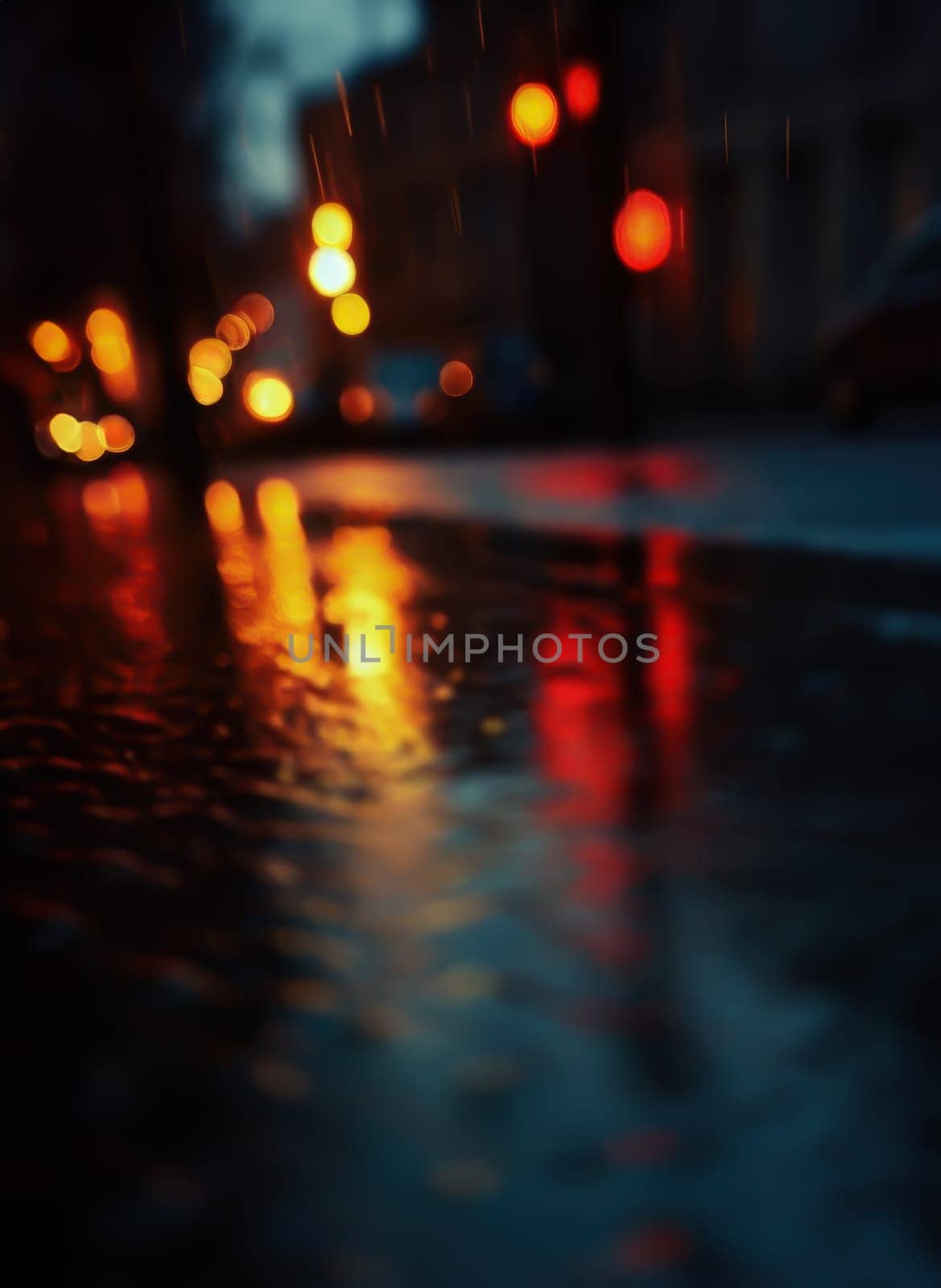 Lights and shadows of a big city. Blurred image of city streets after rain with reflections on wet asphalt. Abstract urban background with neon lights. 