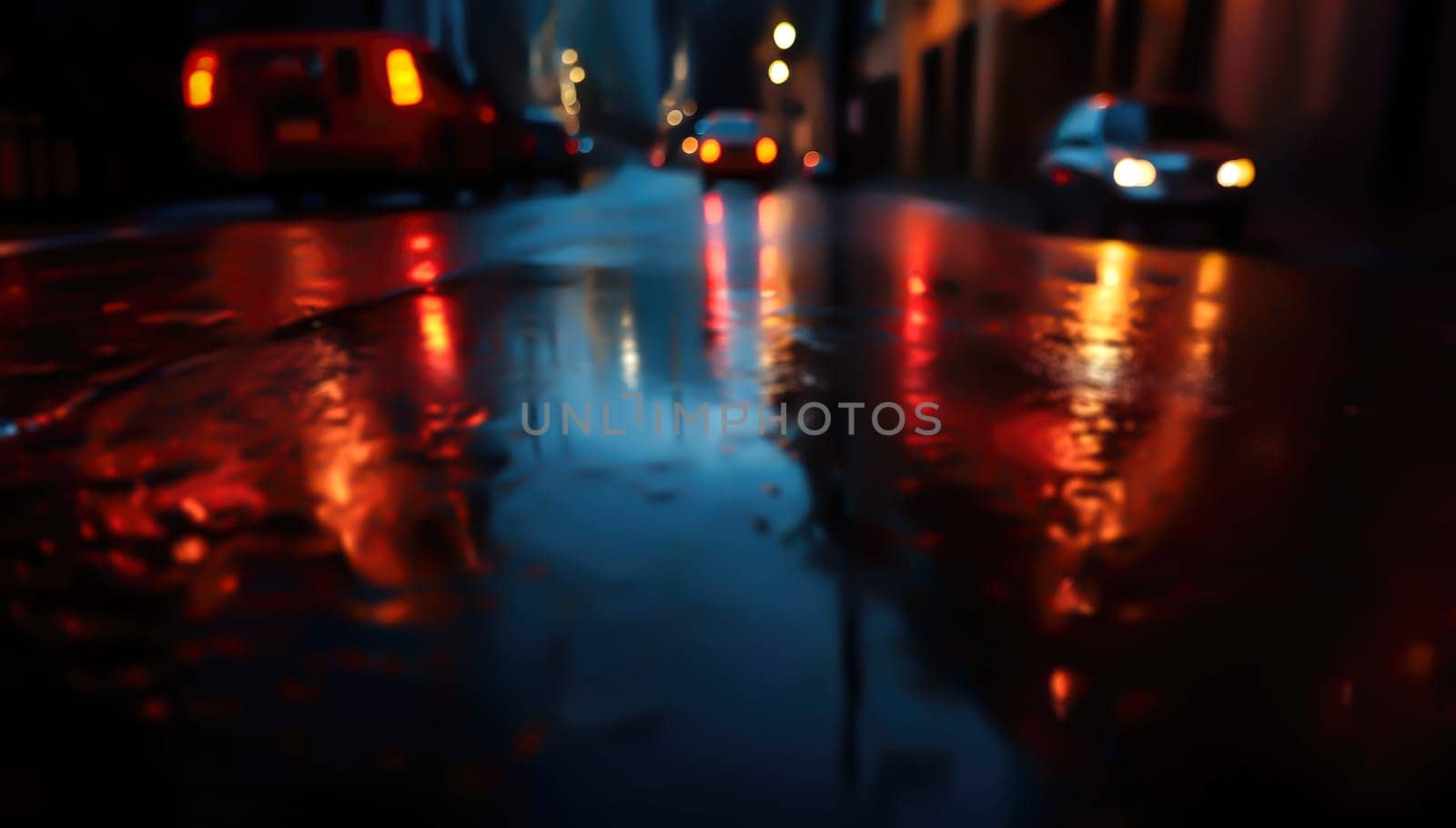 Lights and shadows of a big city. Blurred image of city streets after rain with reflections on wet asphalt. Abstract urban background with neon lights. 