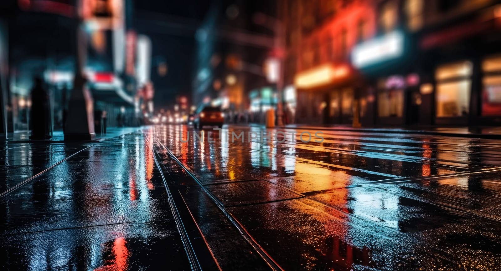 Lights and shadows of a big city. Blurred image of city streets after rain with reflections on wet asphalt. Abstract urban background with neon lights. 