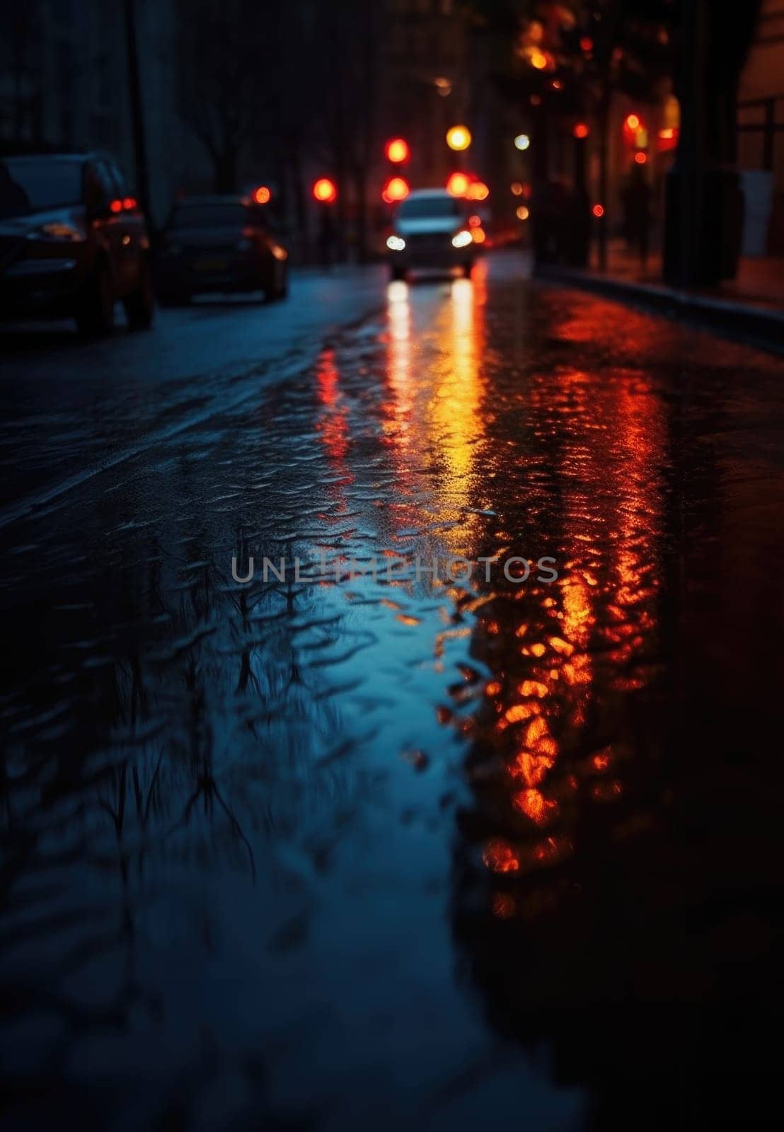 Lights and shadows of a big city. Blurred image of city streets after rain with reflections on wet asphalt. Abstract urban background with neon lights. 