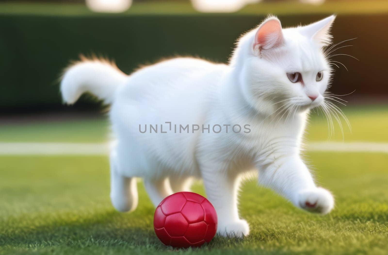 Kitten plays football on green grass in the garden