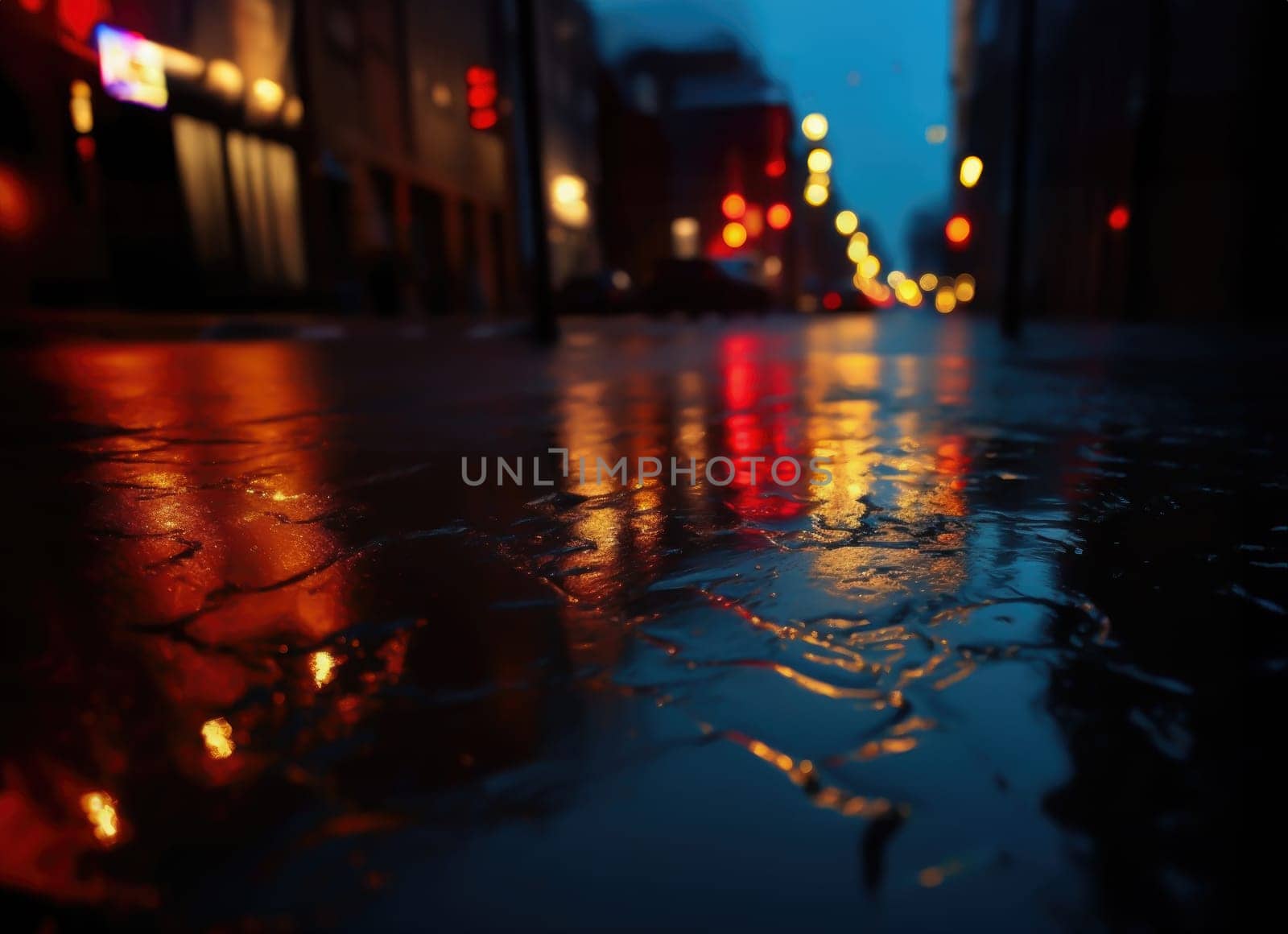 Lights and shadows of a big city. Blurred image of city streets after rain with reflections on wet asphalt. Abstract urban background with neon lights. 