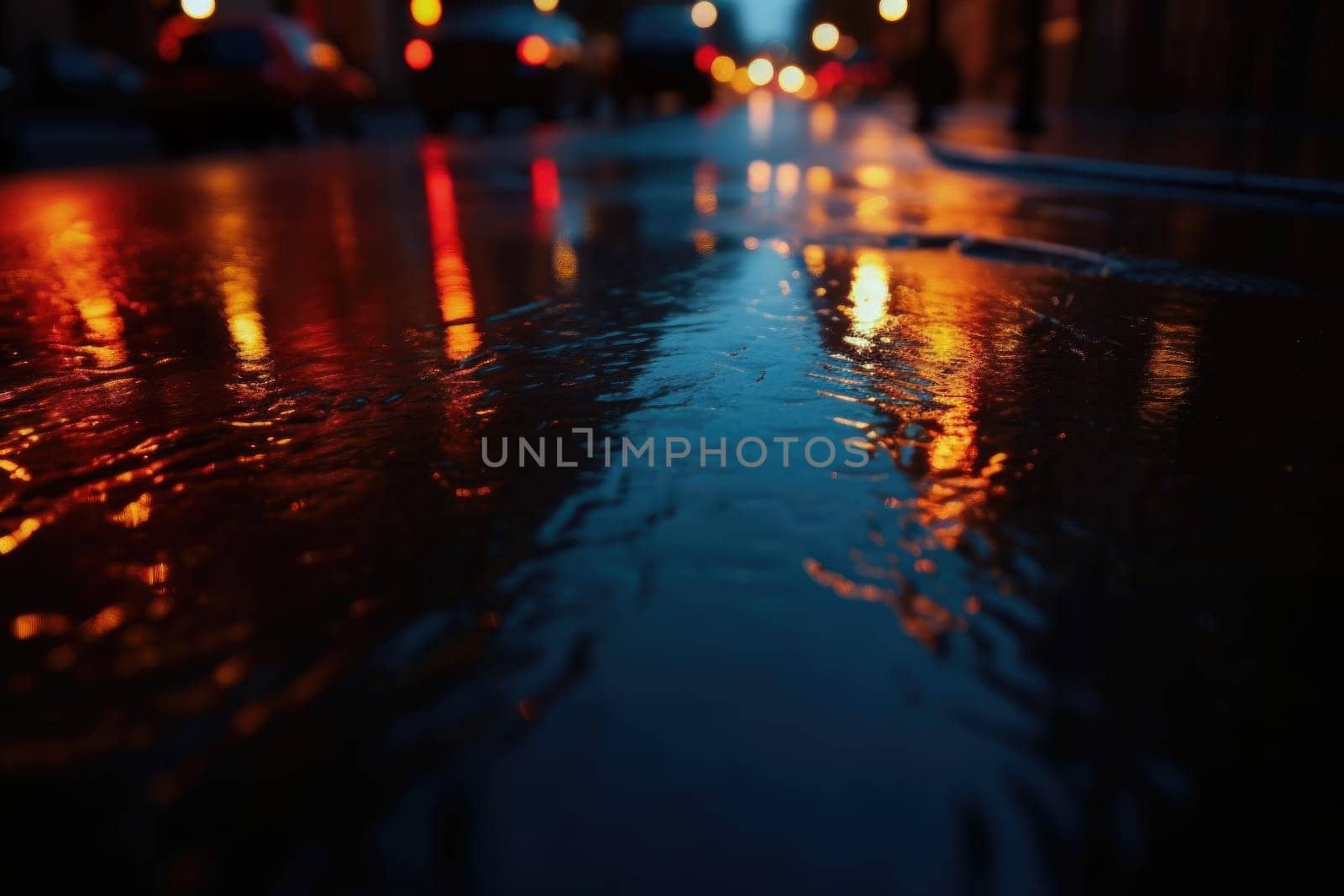 Lights and shadows of a big city. Blurred image of city streets after rain with reflections on wet asphalt. Abstract urban background with neon lights. 