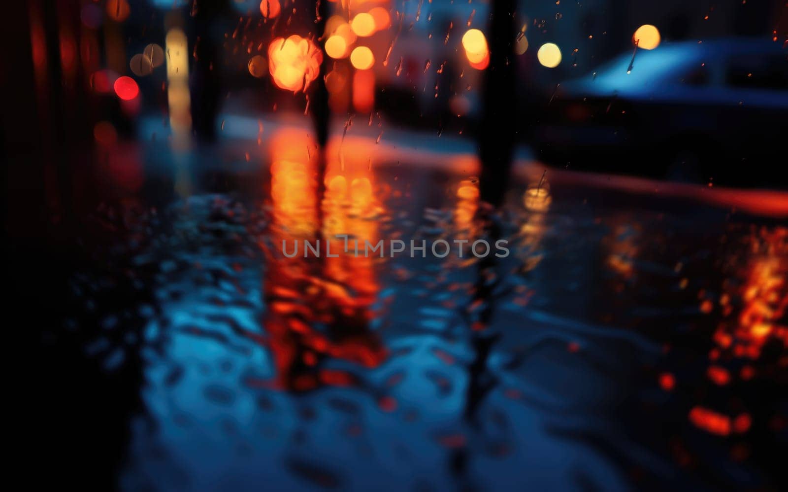 Lights and shadows of a big city. Blurred image of city streets after rain with reflections on wet asphalt. Abstract urban background with neon lights. 