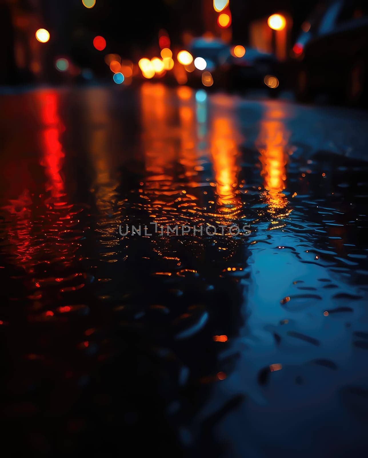 Lights and shadows of a big city. Blurred image of city streets after rain with reflections on wet asphalt. Abstract urban background with neon lights. 