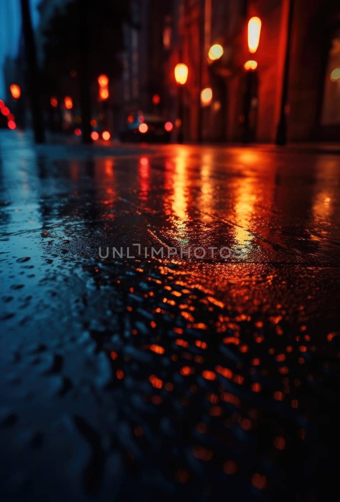 Lights and shadows of a big city. Blurred image of city streets after rain with reflections on wet asphalt. Abstract urban background with neon lights. 