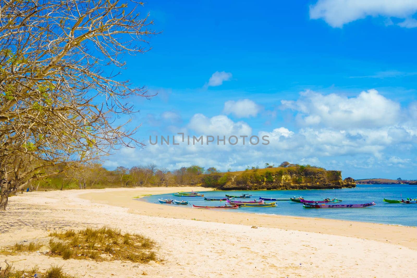 scene of a pristine beach near Pink Beach in Lombok, Indonesia. Clear turquoise waters lap against the white sandy shore, while colorful fishing boats bob gently in the bay