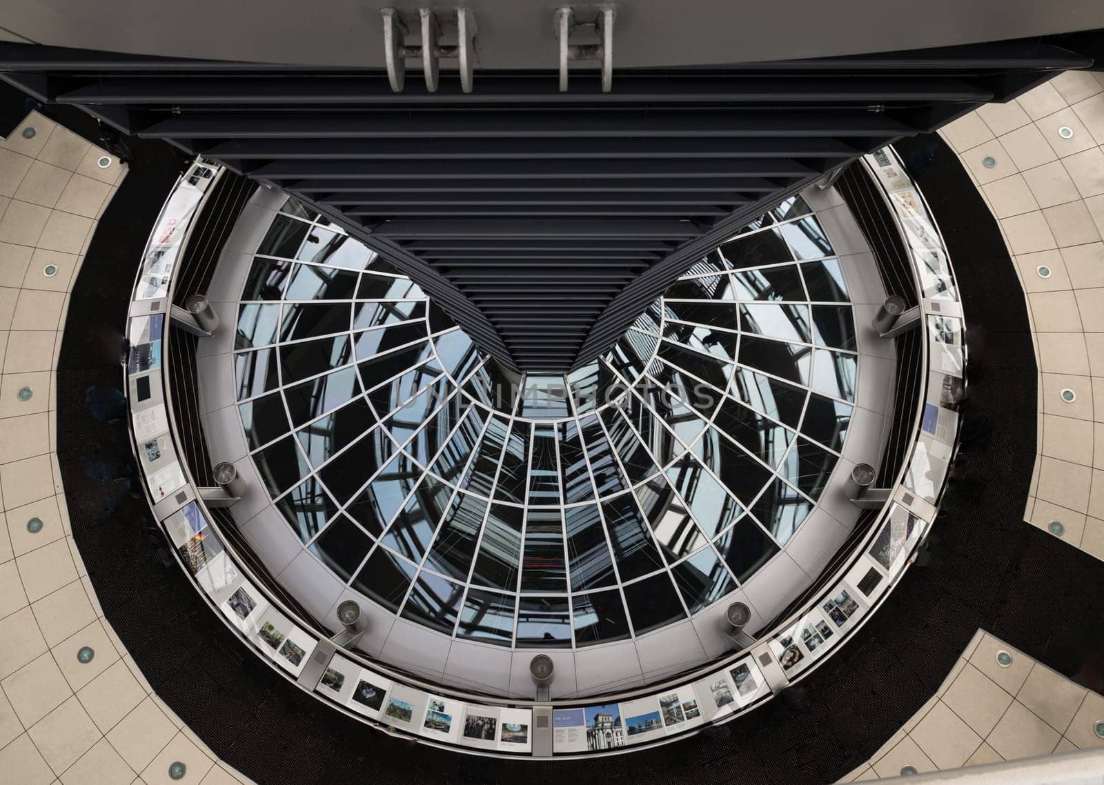 Berlin, Germany - Dec 20, 2023 - Architecture interior of the Cupola of the Reichstag dome is a glass dome constructed on top of the rebuilt Reichstag building. a major tourist attraction of the berlin city, Space for text, Selective focus.