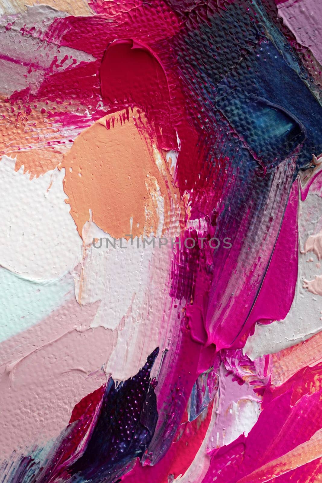 The artwork displays a dynamic arrangement of bold colors, emphasizing thick brush strokes that create a rich texture. Pinks and reds blend seamlessly with subtle neutrals for visual depth.