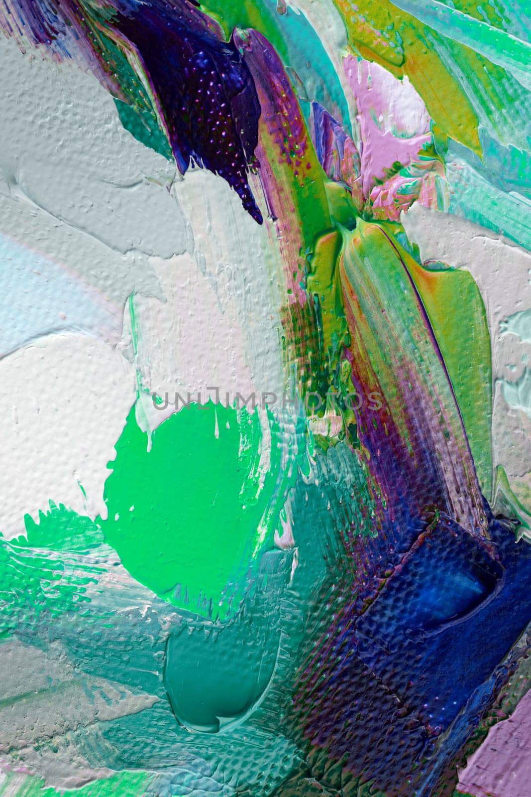 The artwork features an energetic display of color with dynamic brush strokes blending greens, purples, and blues, evoking a sense of movement and creativity.