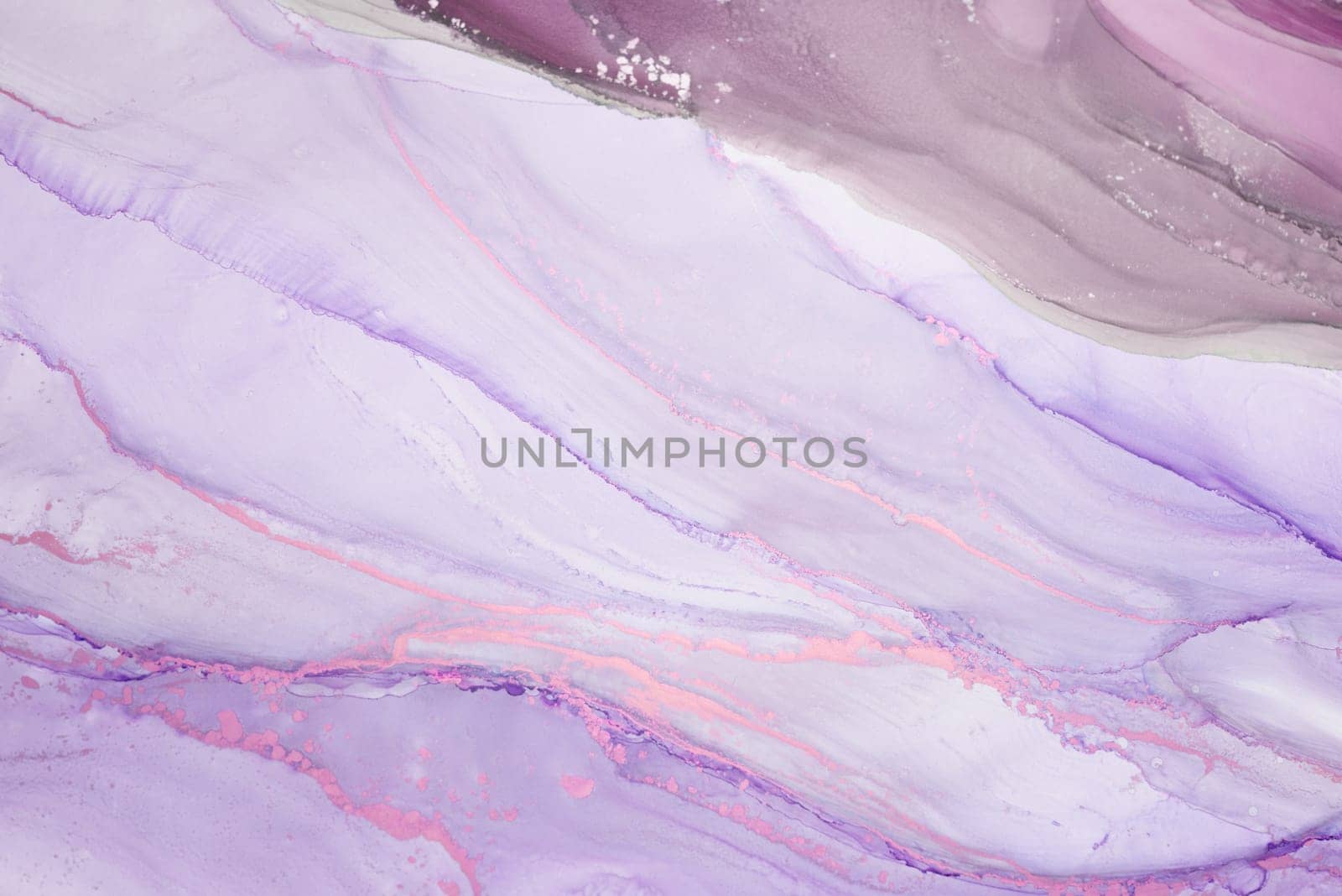 The artwork showcases a calming lavender palette with smooth flowing lines and subtle pink accents, highlighting a blend of abstract forms and textures.