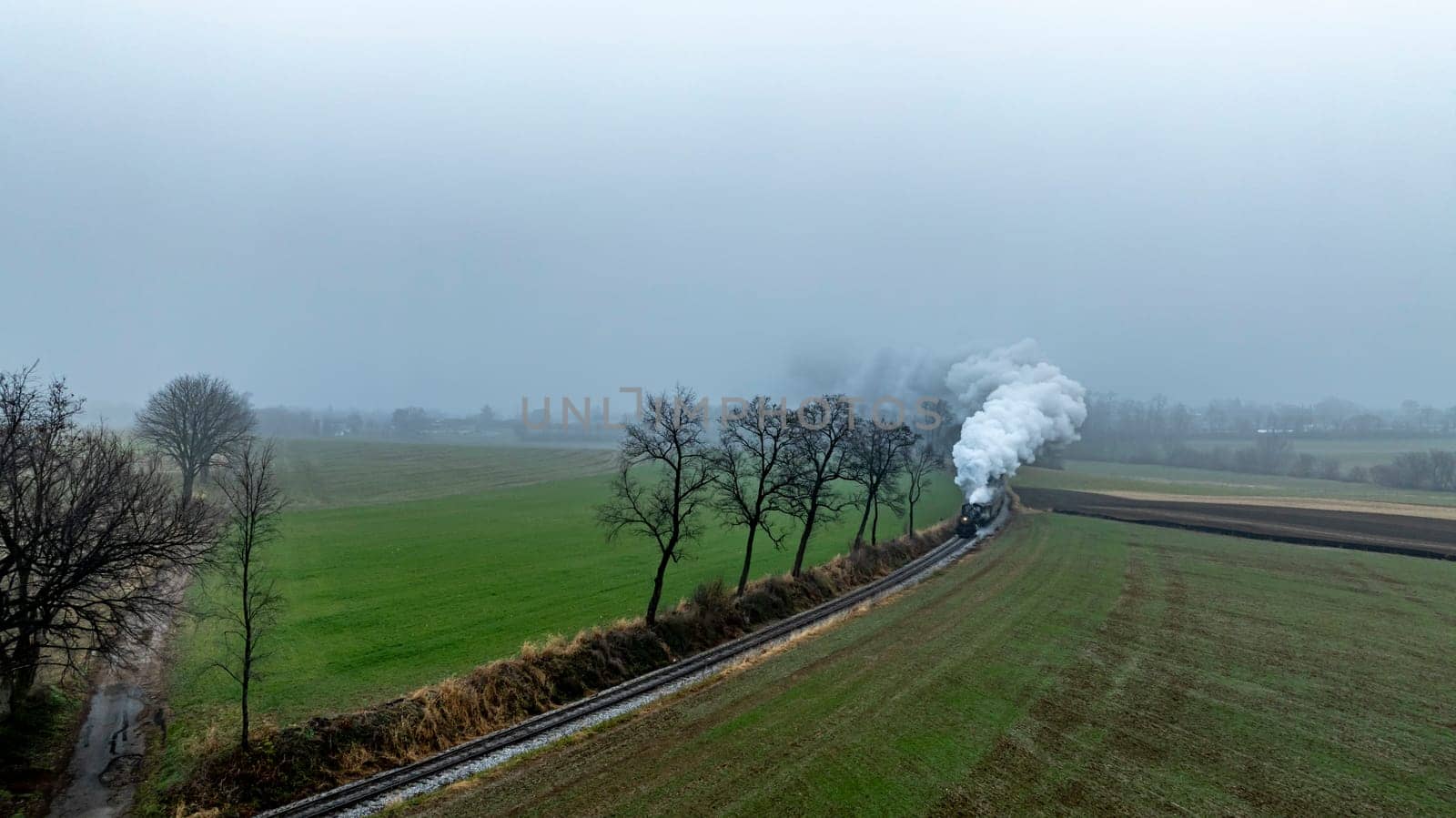 A steam locomotive moves along tracks surrounded by green fields and bare trees on a foggy day.