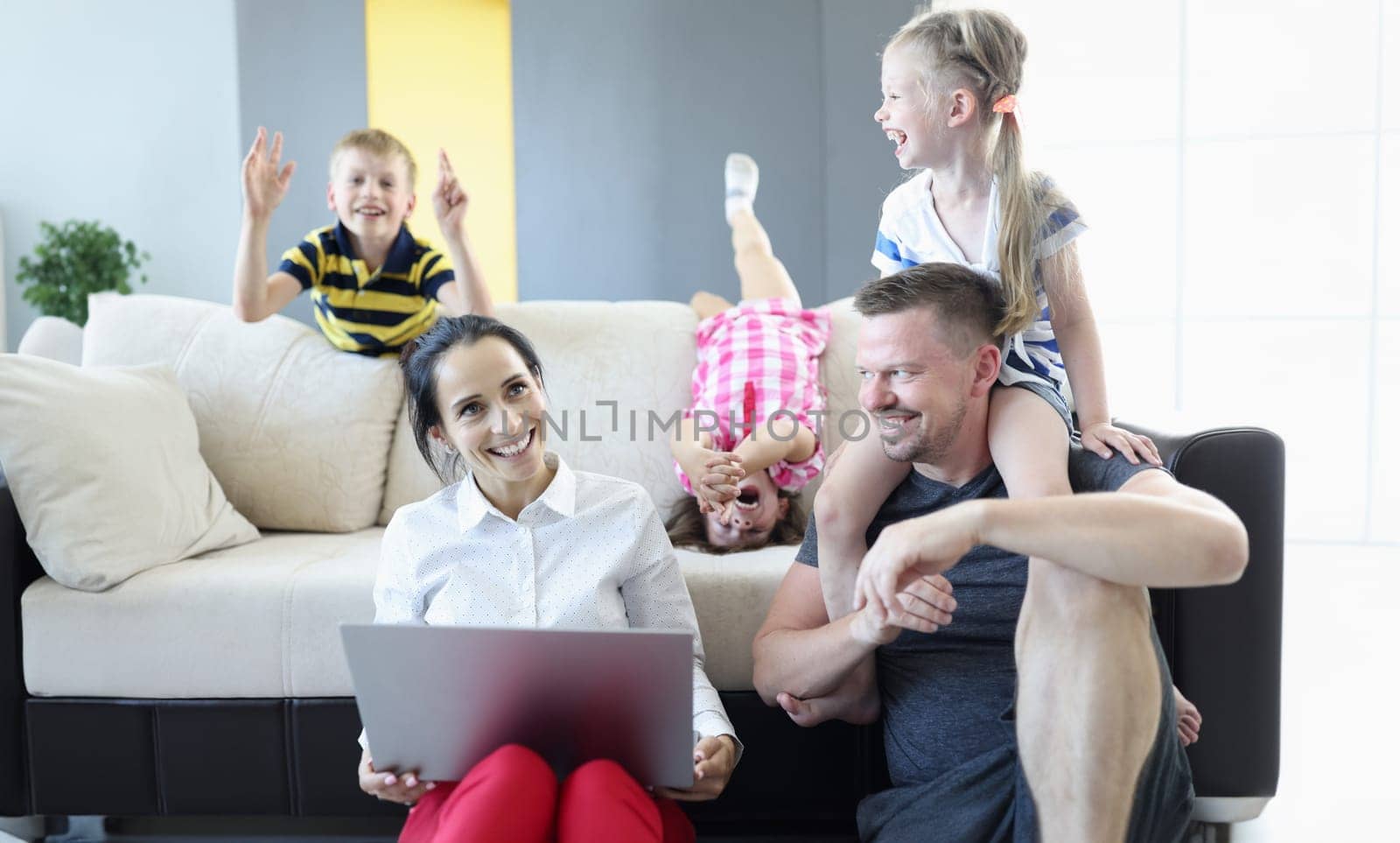 Family with children spend their home time in quarantine. Home games with children concept