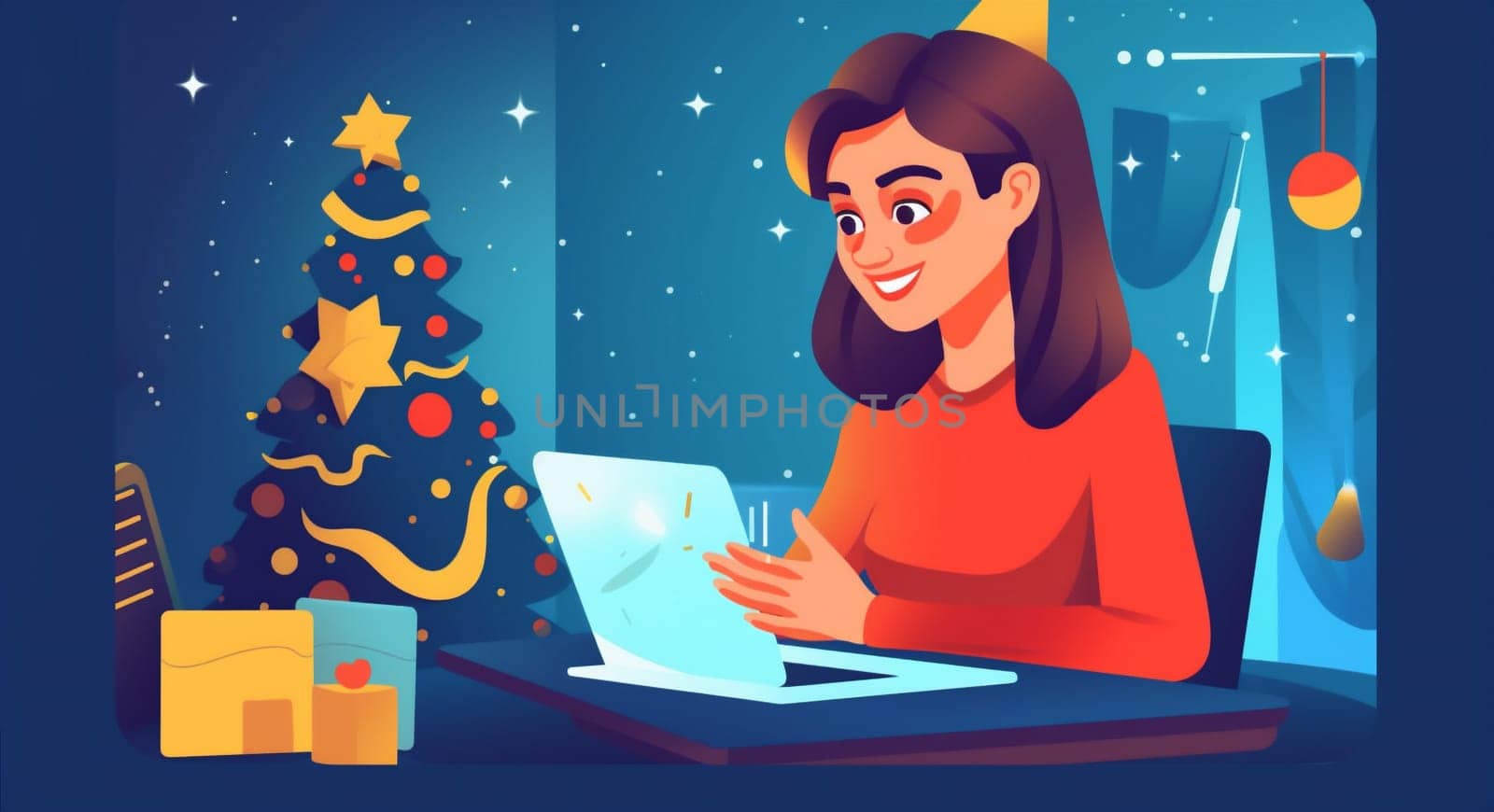 woman character video person happy present christmas greeting communication call laptop room holiday santa decoration chat family house cheerful home concept. Generative AI.