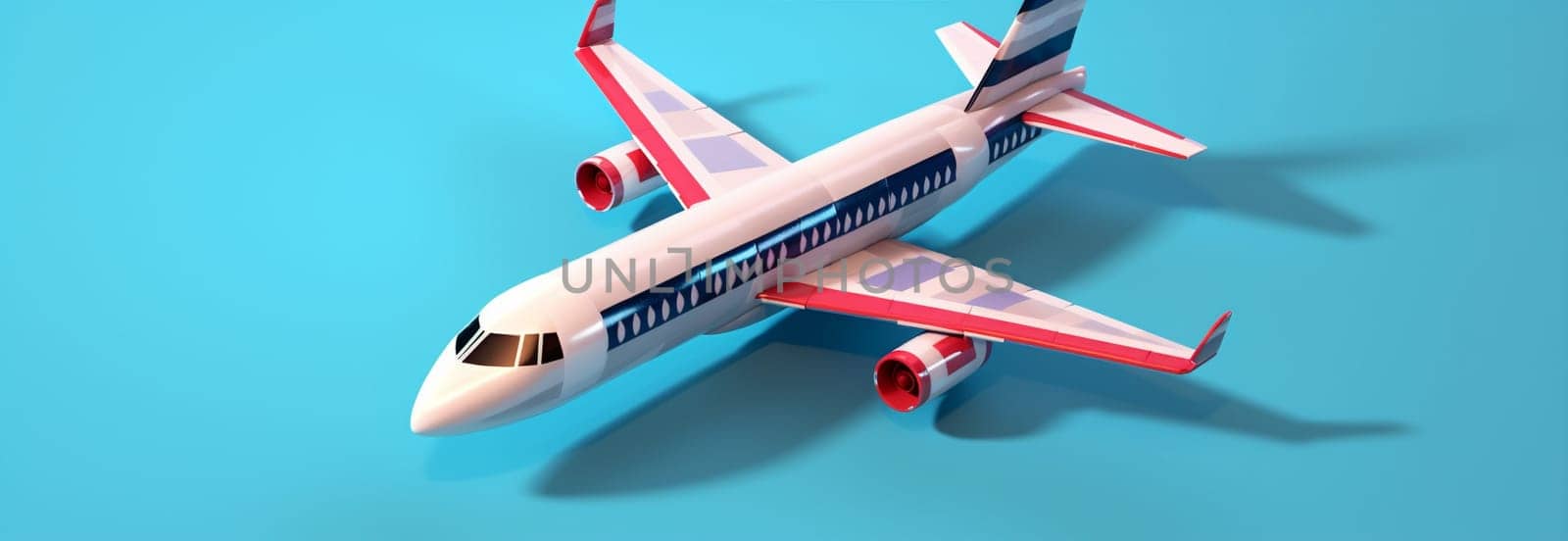 flight plane view commercial business copy aeroplane blue white toy tourism air journey background space aircraft aviation idea sky fly object. Generative AI.