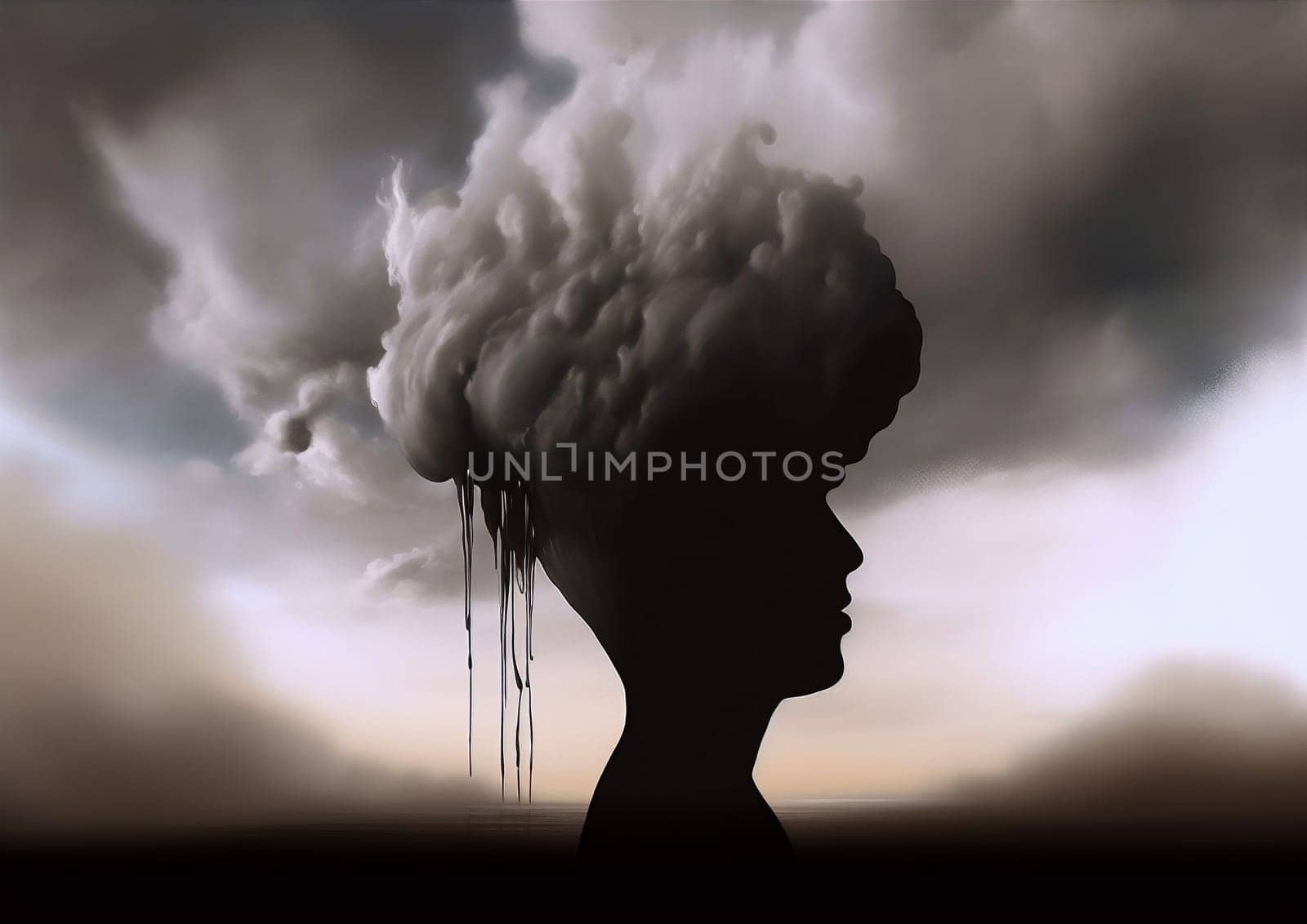 dream woman man drama leaking dramatic imagination abstract person mind black expression idea cloud illustration young artistic poster creative adult vision concept. Generative AI.