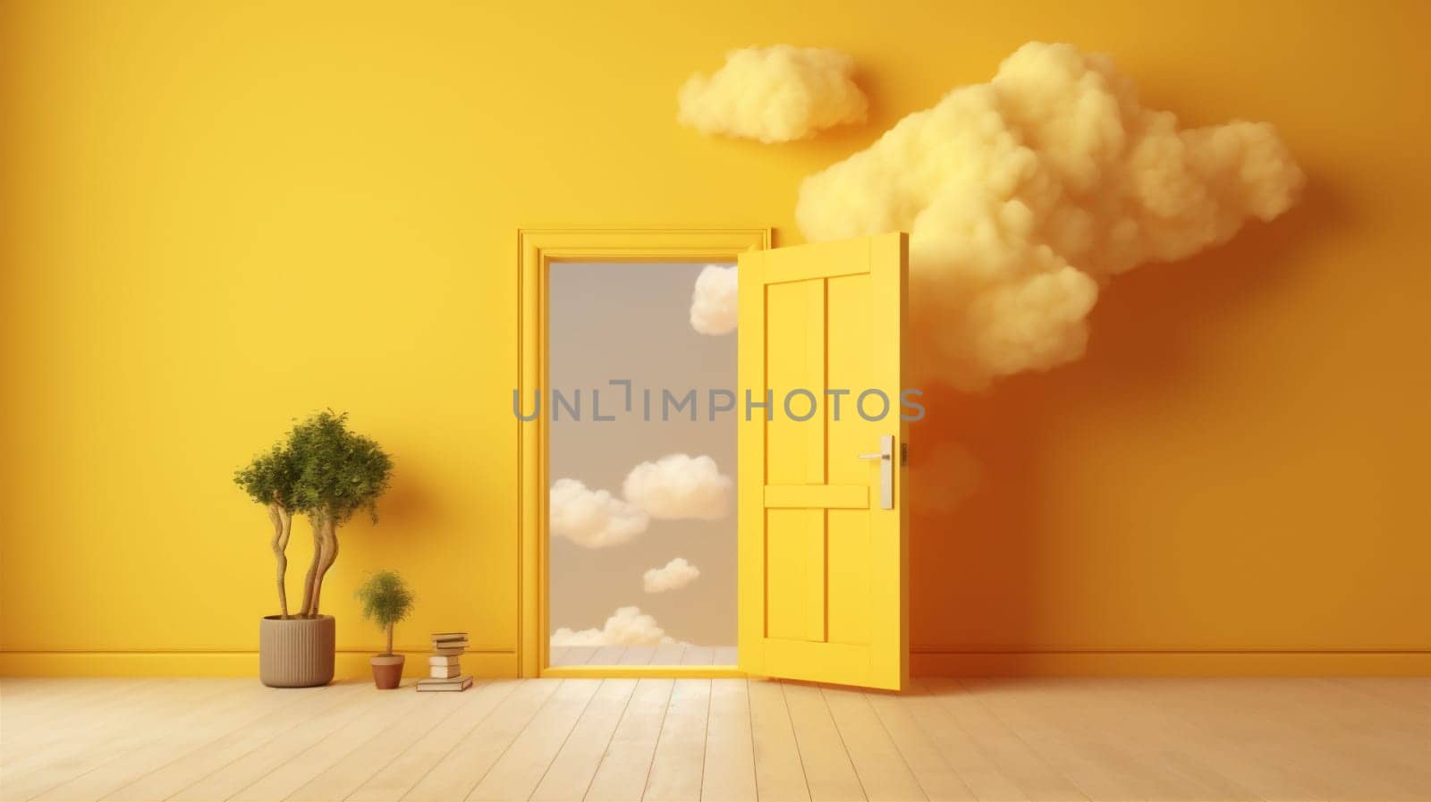 cloud pedestal yellow minimal abstract room stage door cylinder showcase. Generative AI. by Vichizh