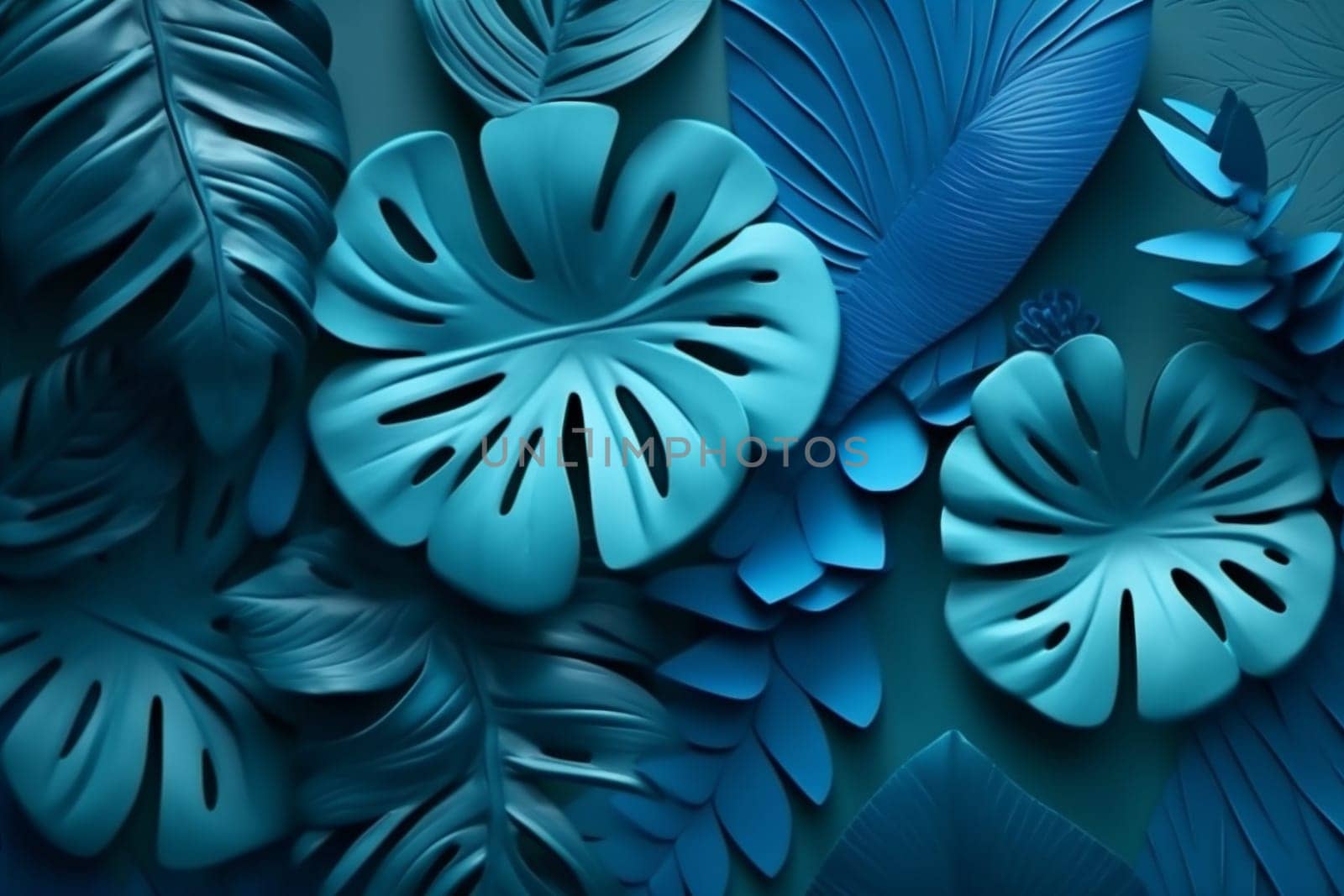 summer jungle paper blue plant design leaf nature exotic tropical background. Generative AI. by Vichizh